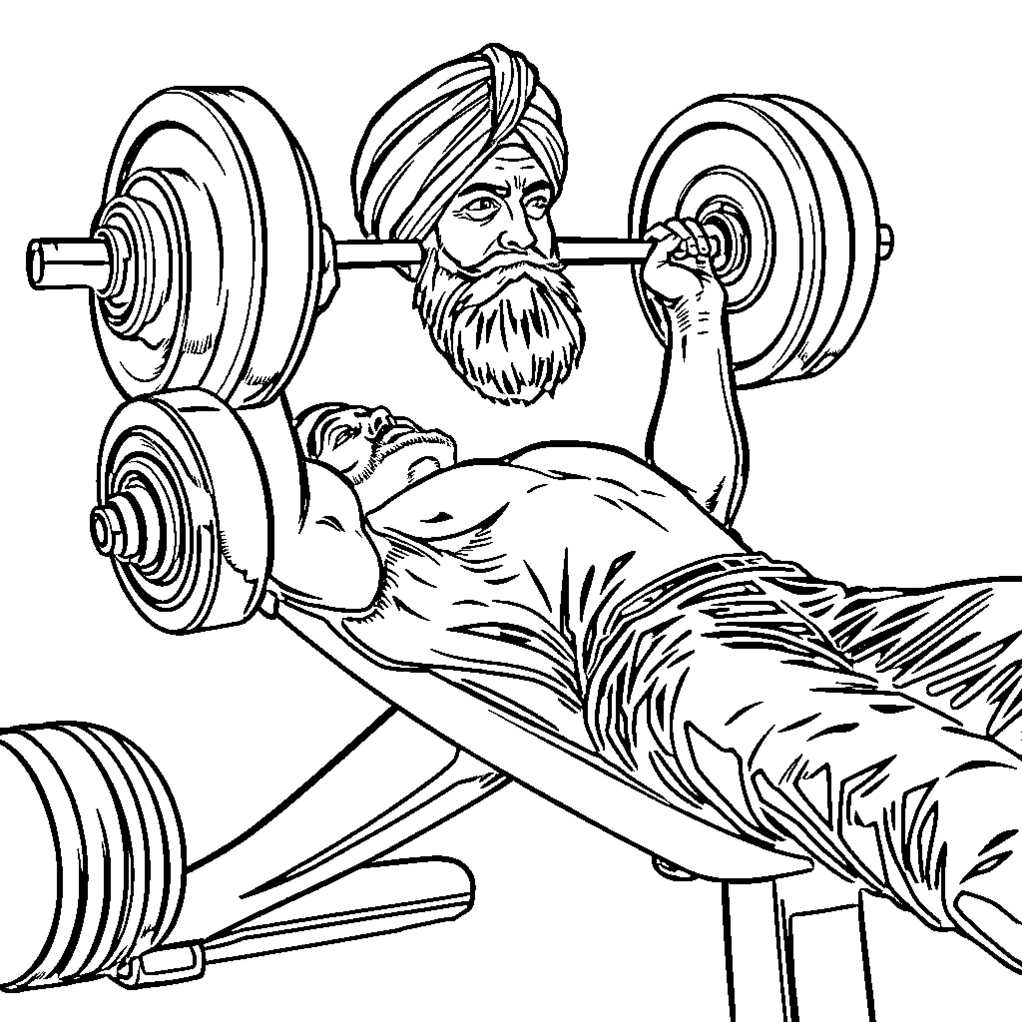 Sikh Guy Lifting Weights in Gym Coloring Page (free black-and-white line drawing printable PDF for all, from beginners to advanced learners, including children, teens, adults, and seniors)