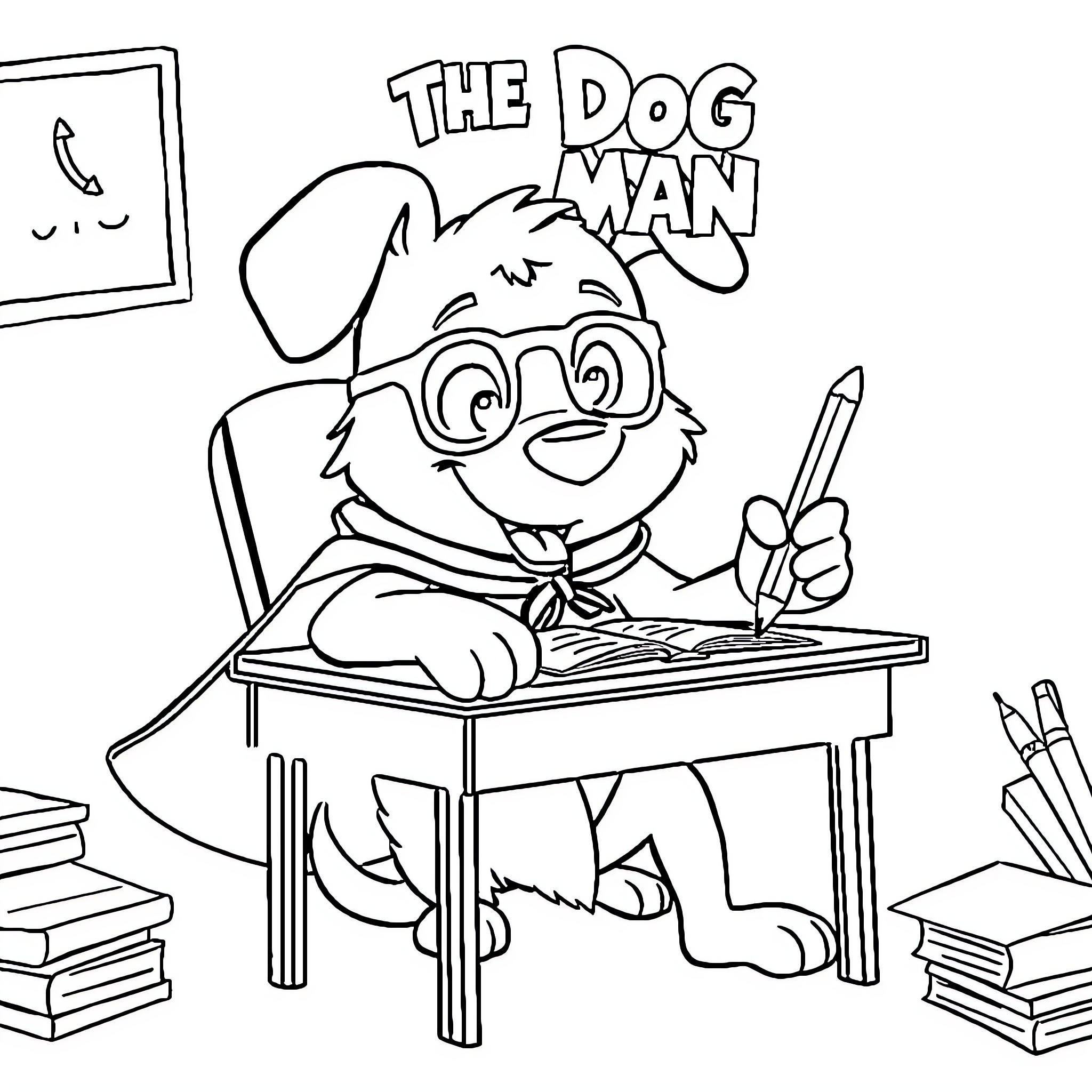 Dog Man writing at a desk Coloring Page (free black-and-white line drawing printable PDF for all, from beginners to advanced learners, including children, teens, adults, and seniors)
