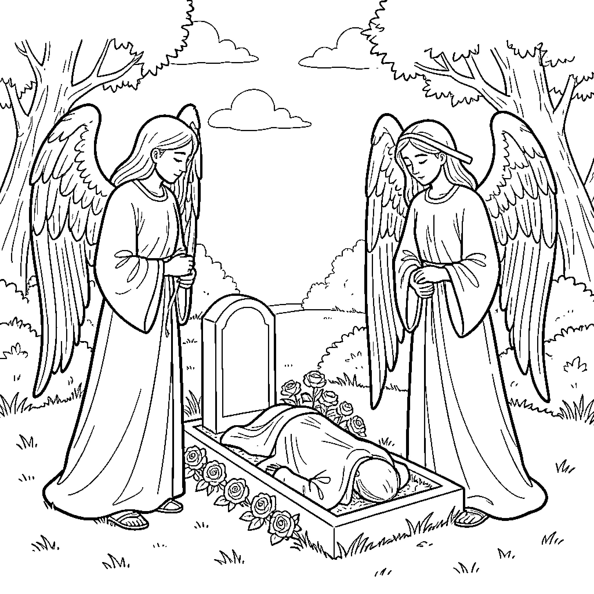 Angel figures standing solemnly by a grave Coloring Page (free black-and-white line drawing printable PDF for all, from beginners to advanced learners, including children, teens, adults, and seniors)