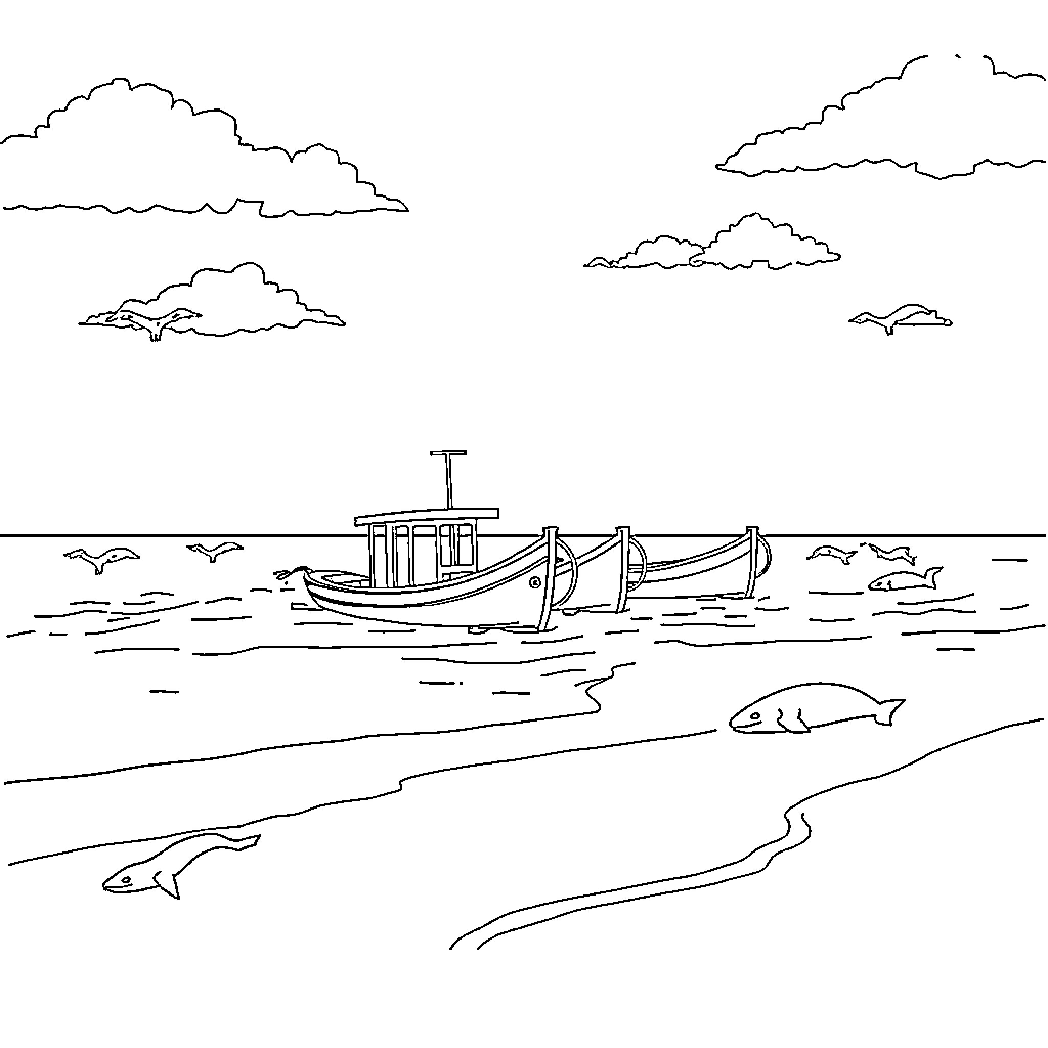 Boat floating on the calm sea with clouds Coloring Page (free black-and-white line drawing printable PDF for all, from beginners to advanced learners, including children, teens, adults, and seniors)