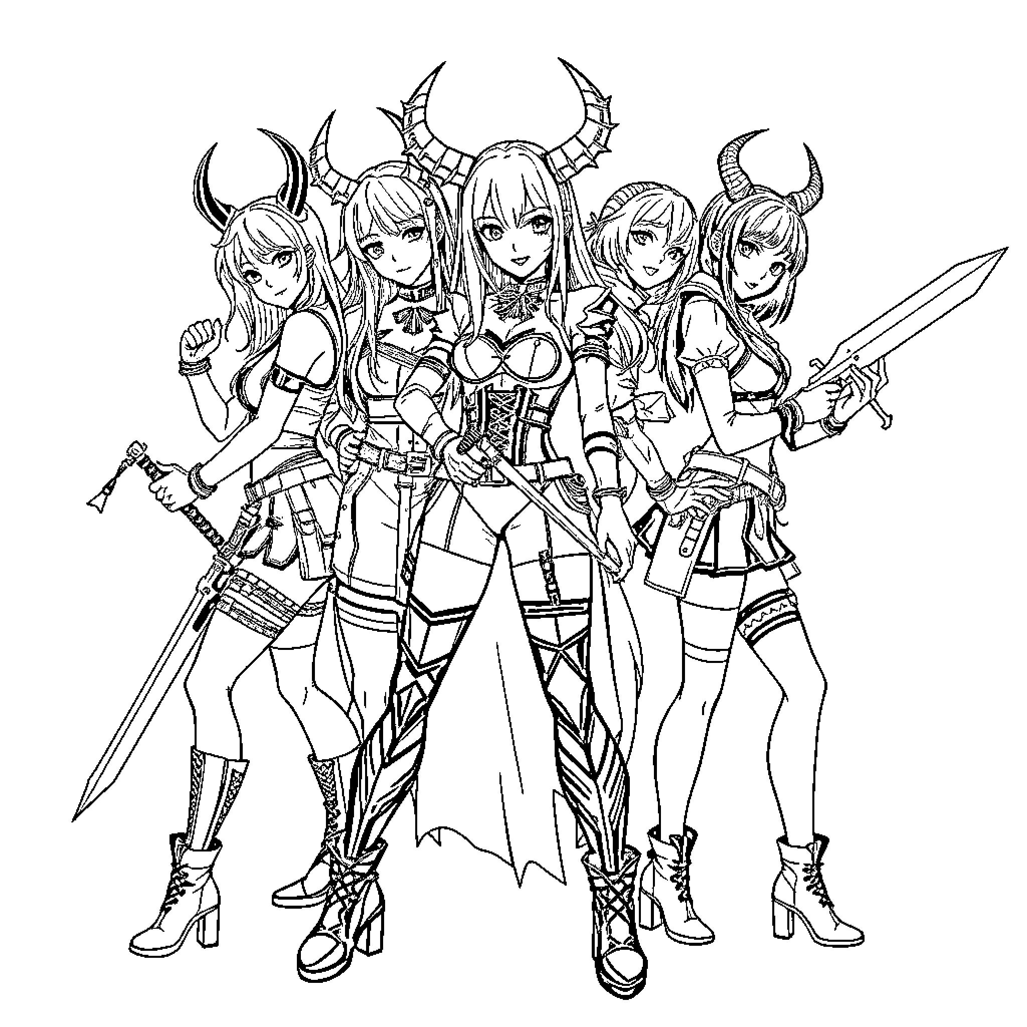 Demon Hunter Warriors in Fierce Battle Stance Coloring Page (free black-and-white line drawing printable PDF for all, from beginners to advanced learners, including children, teens, adults, and seniors)