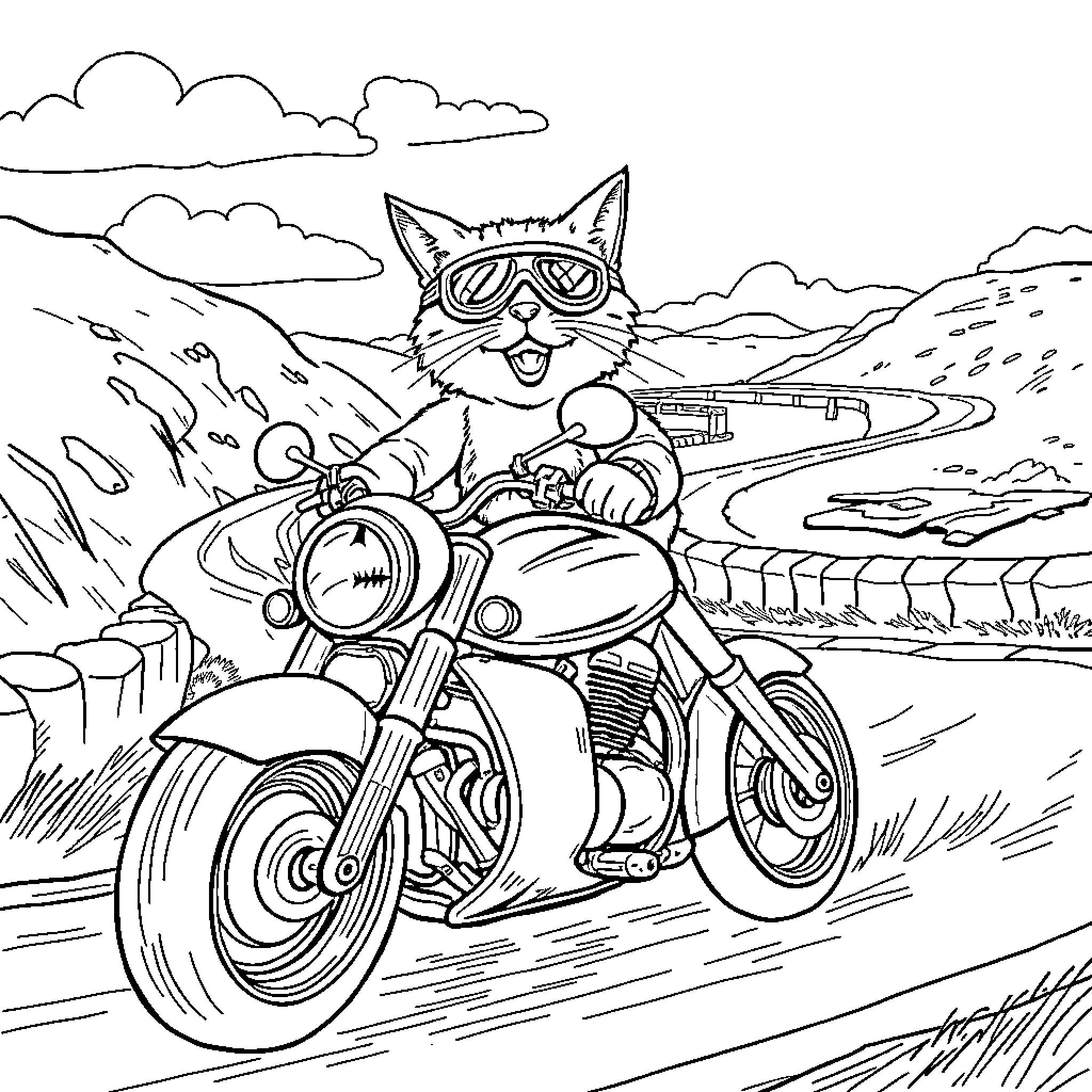 Cat riding motorcycle through scenic landscape Coloring Page (free black-and-white line drawing printable PDF for all, from beginners to advanced learners, including children, teens, adults, and seniors)