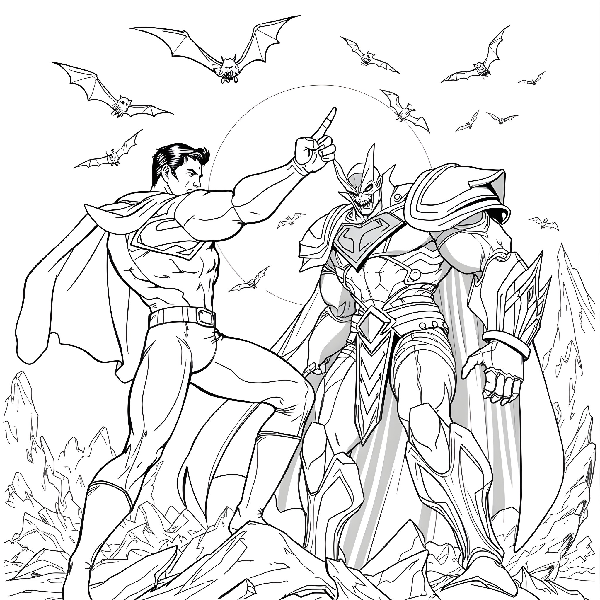 Superman battling a powerful villain in a dramatic scene Coloring Page (free black-and-white line drawing printable PDF for all, from beginners to advanced learners, including children, teens, adults, and seniors)