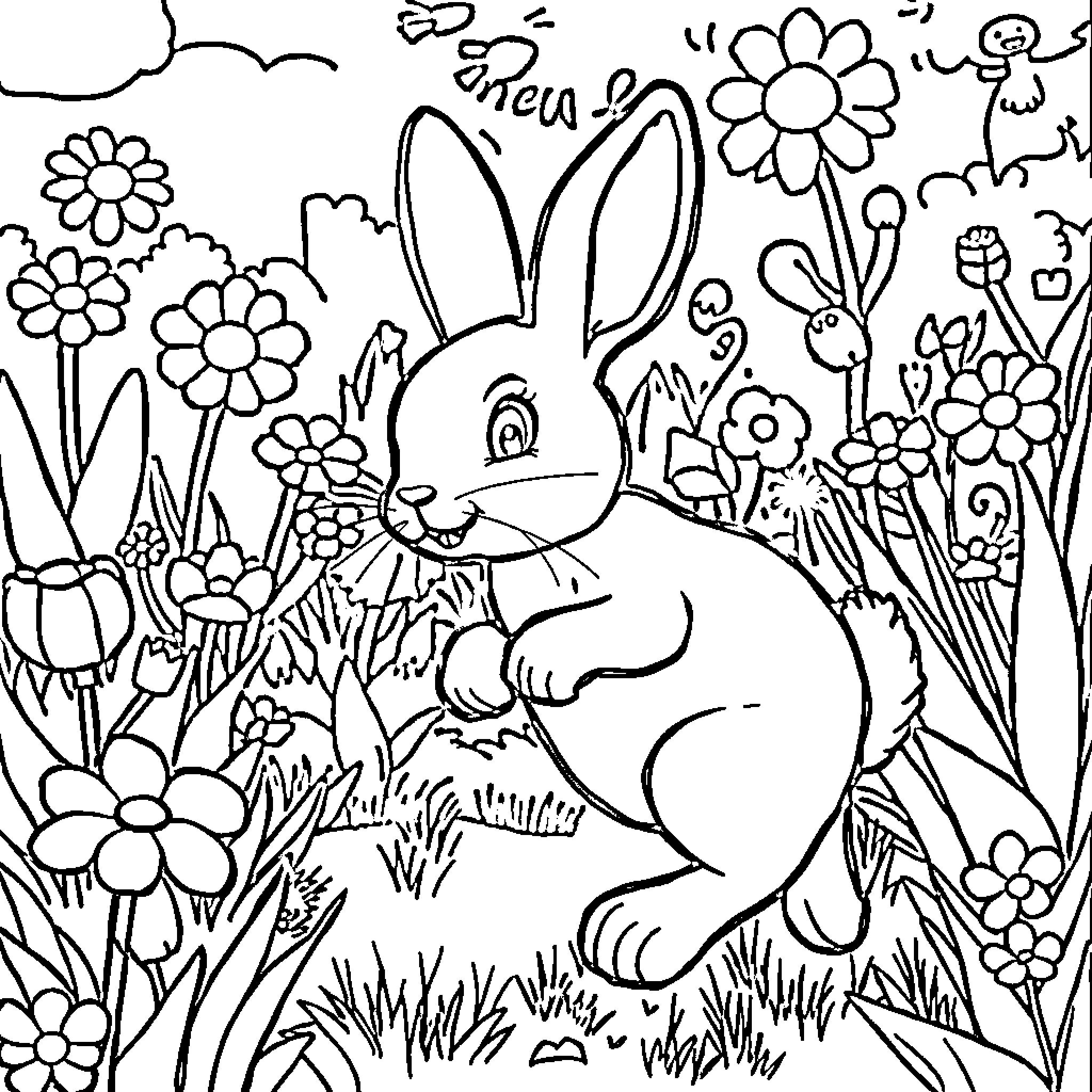 Bunny Exploring a Floral Garden Coloring Page (free black-and-white line drawing printable PDF for all, from beginners to advanced learners, including children, teens, adults, and seniors)
