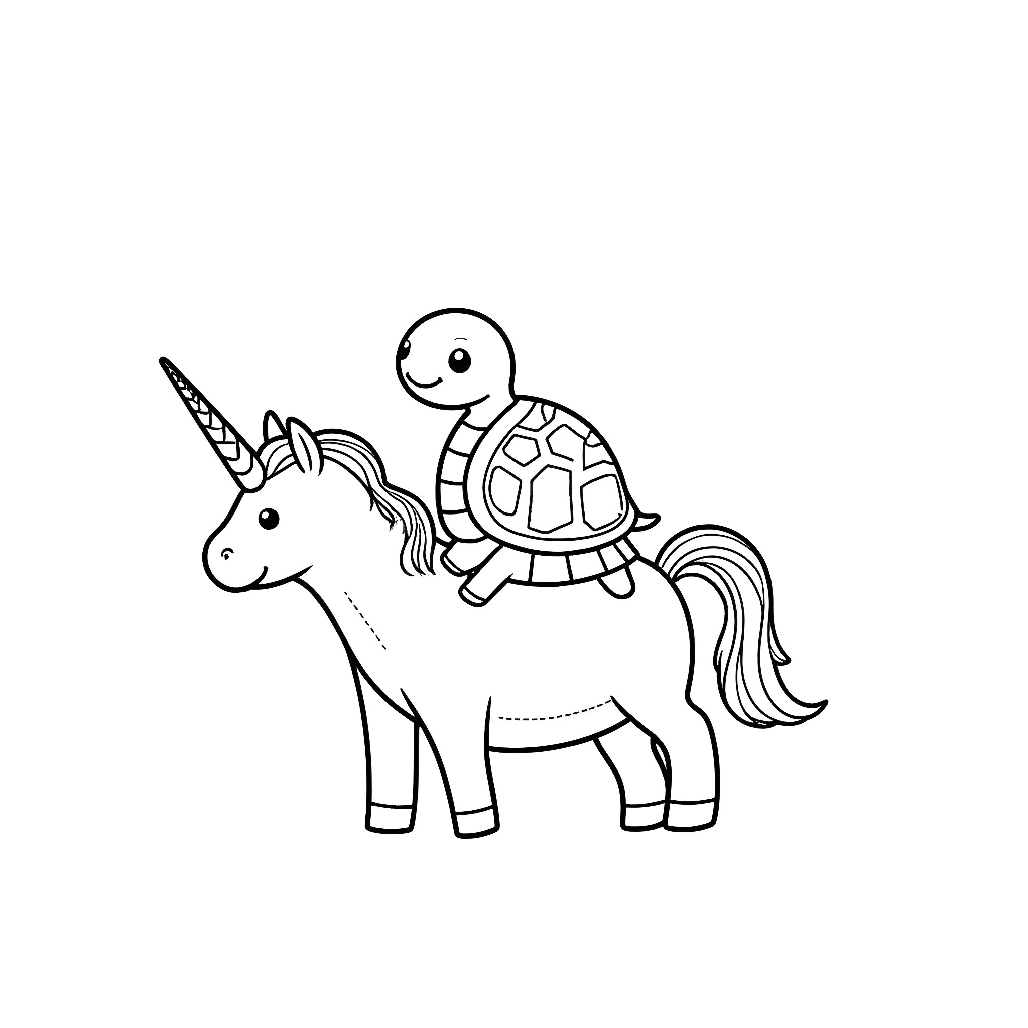 Turtle riding on a unicorn Coloring Page (free black-and-white line drawing printable PDF for all, from beginners to advanced learners, including children, teens, adults, and seniors)