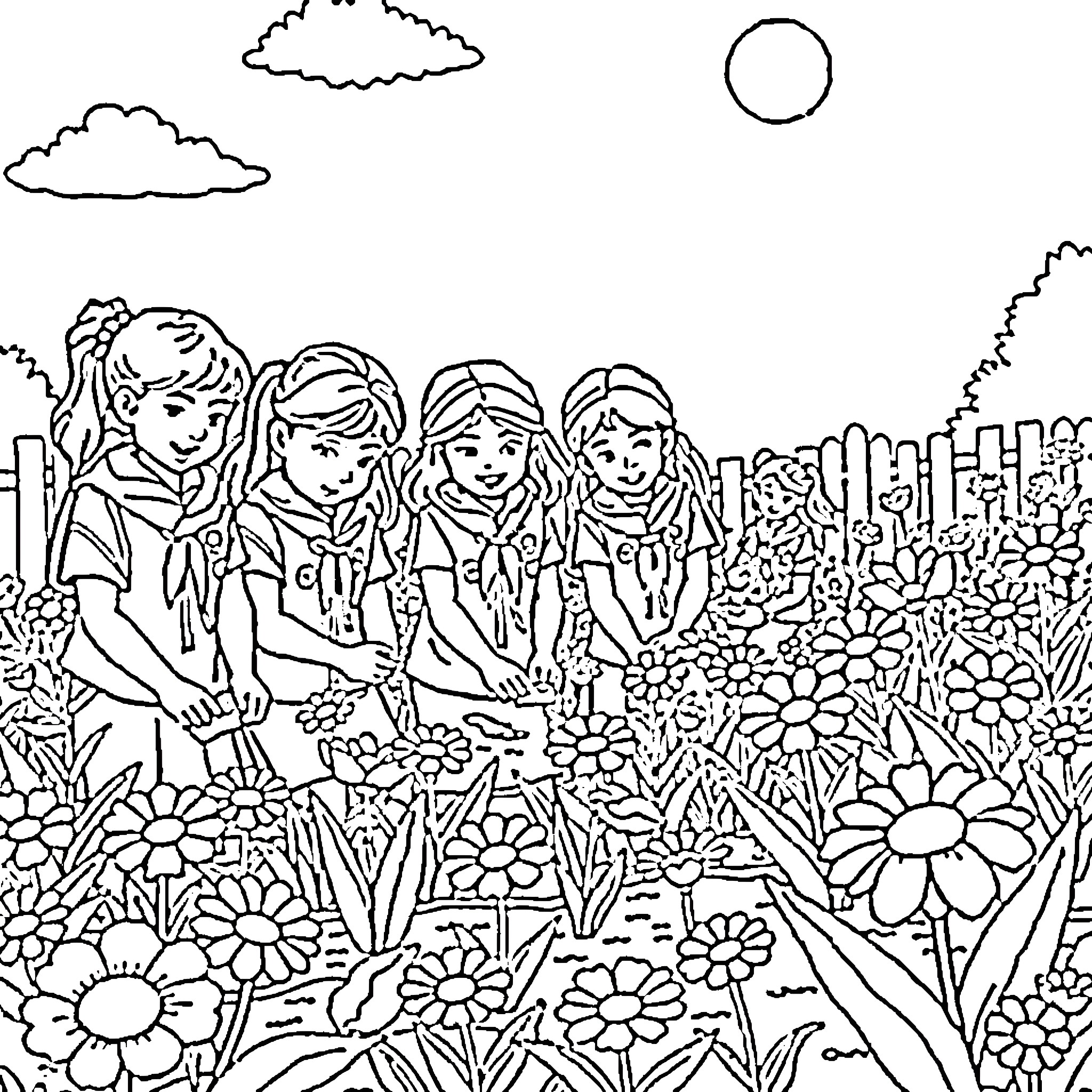 Girl Scout Friends Exploring Flower Garden Coloring Page (free black-and-white line drawing printable PDF for all, from beginners to advanced learners, including children, teens, adults, and seniors)