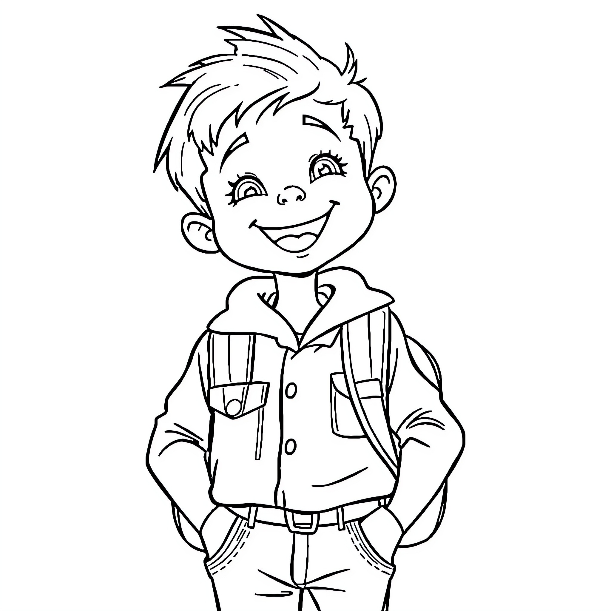 Child in happy expression and outfit Coloring Page (free black-and-white line drawing printable PDF for all, from beginners to advanced learners, including children, teens, adults, and seniors)