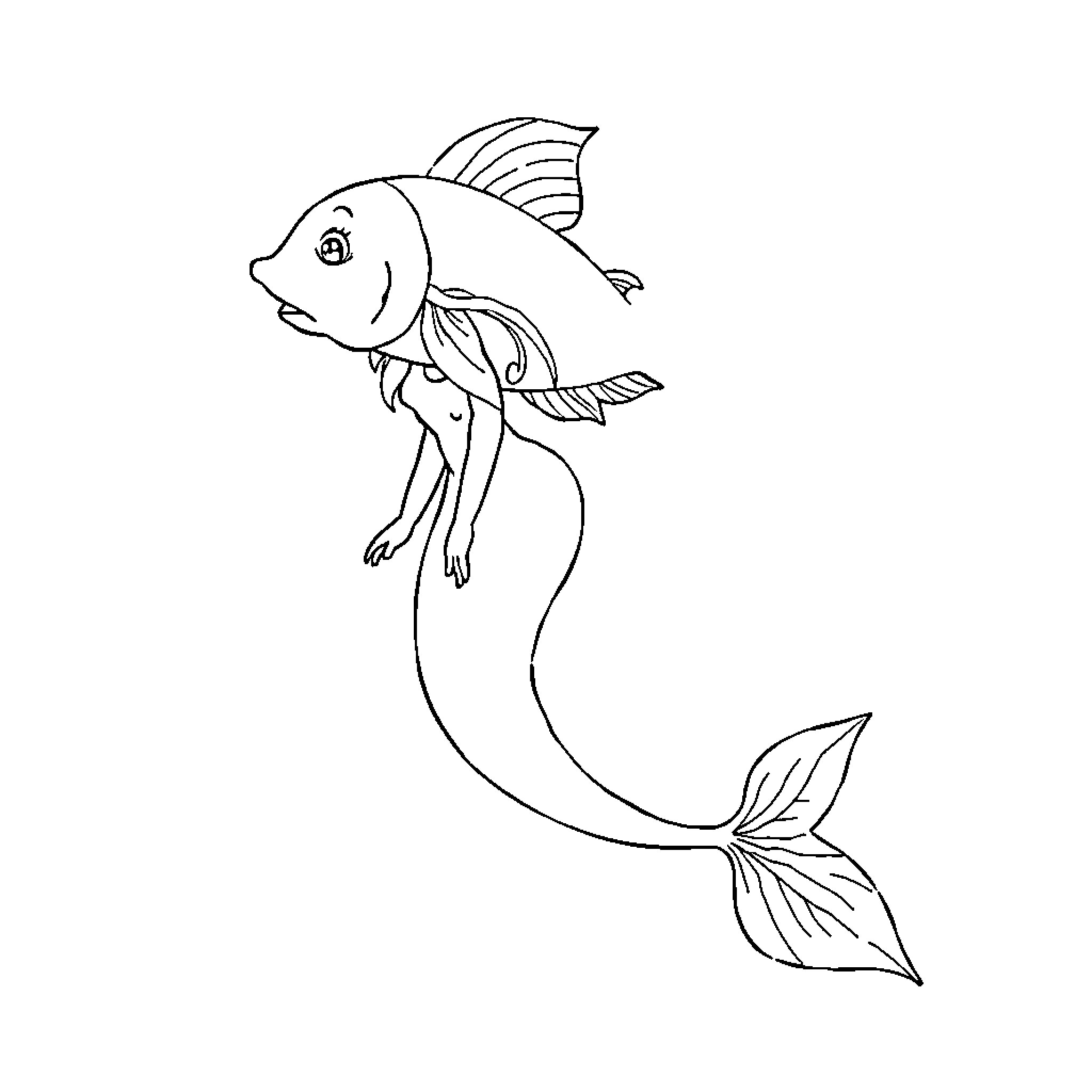 Mermaid swimming with playful expression Coloring Page (free black-and-white line drawing printable PDF for all, from beginners to advanced learners, including children, teens, adults, and seniors)