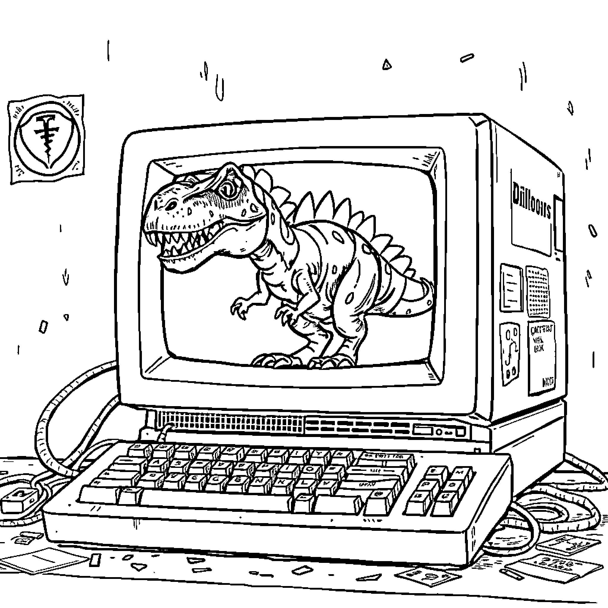 Dinosaur displayed on an old computer screen Coloring Page (free black-and-white line drawing printable PDF for all, from beginners to advanced learners, including children, teens, adults, and seniors)