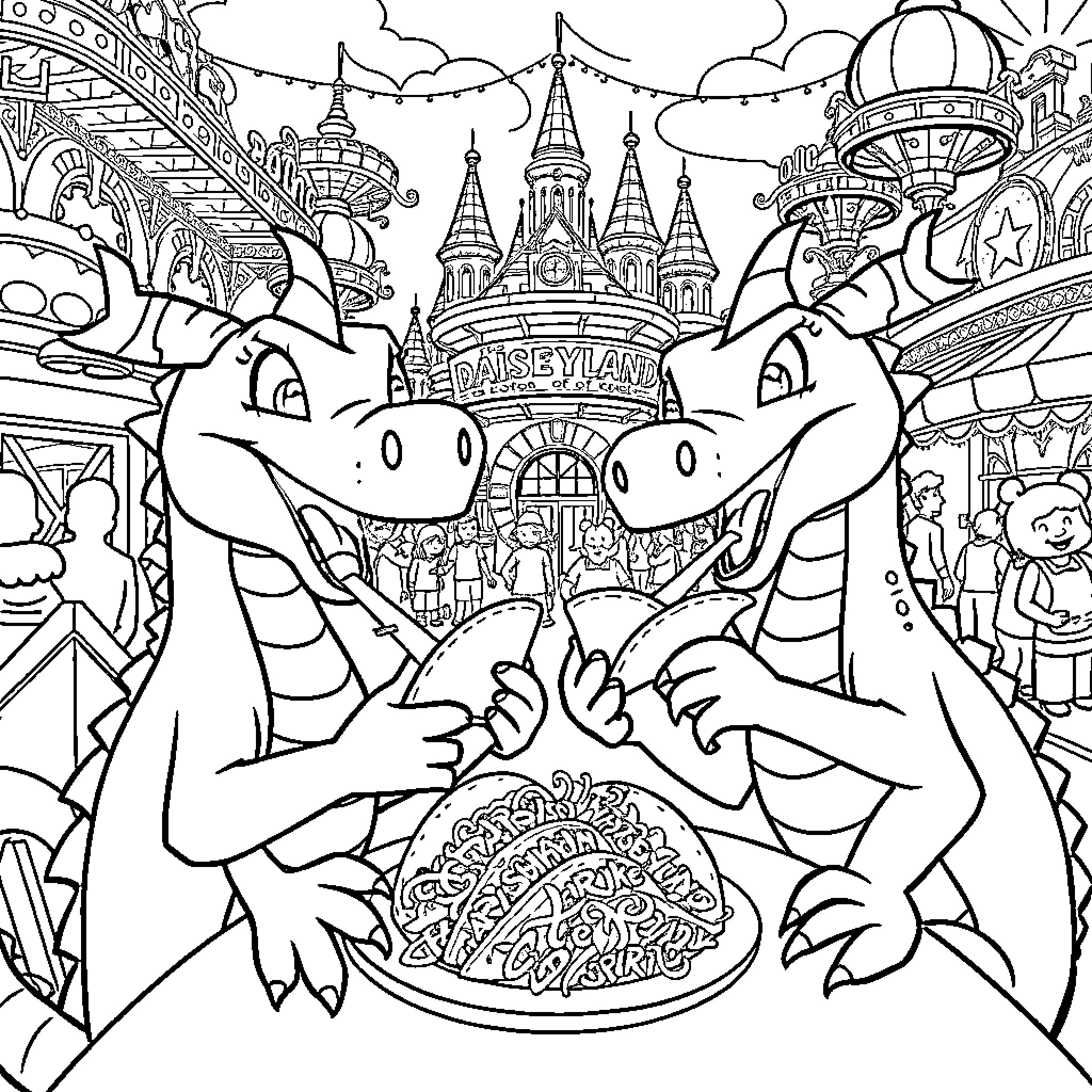 Dragon-Themed Creatures Enjoying Fantastical Amusement Park Coloring Page (free black-and-white line drawing printable PDF for all, from beginners to advanced learners, including children, teens, adults, and seniors)