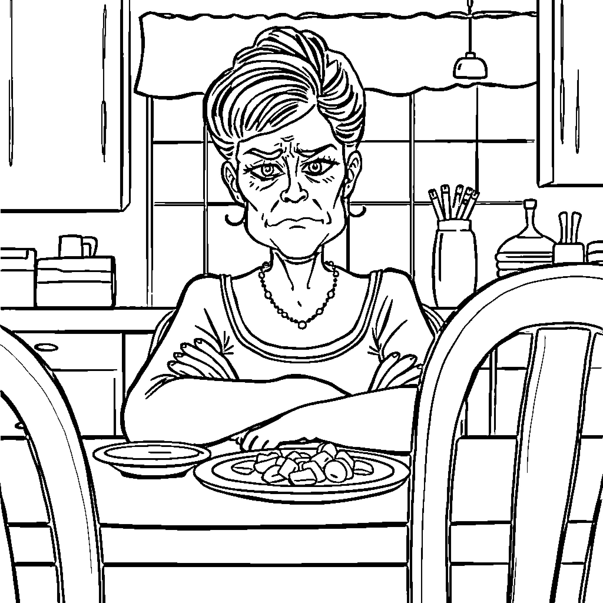 Wife enjoys a hearty meal in the kitchen Coloring Page (free black-and-white line drawing printable PDF for all, from beginners to advanced learners, including children, teens, adults, and seniors)
