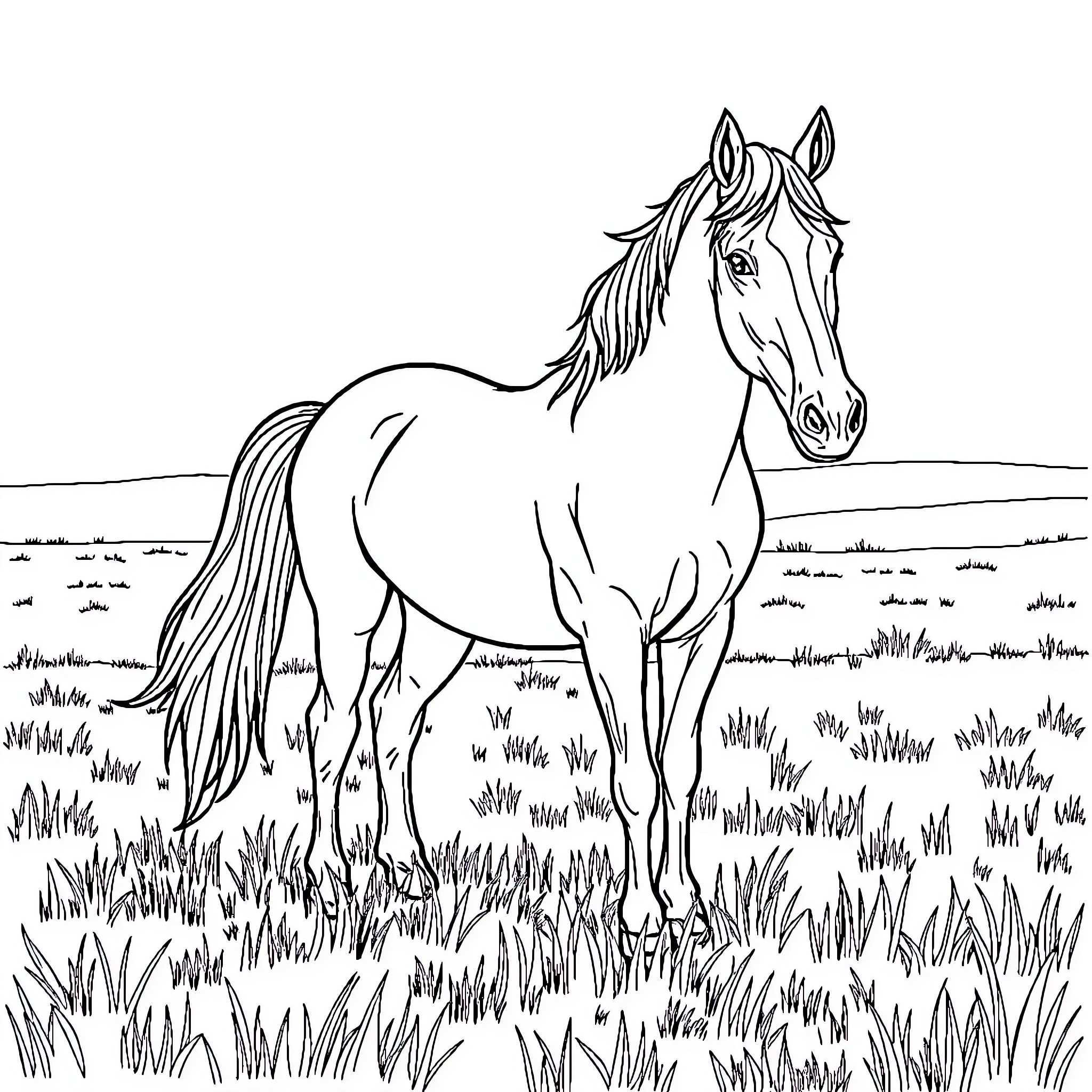 Horse standing calmly in a grassy field Coloring Page (free black-and-white line drawing printable PDF for all, from beginners to advanced learners, including children, teens, adults, and seniors)