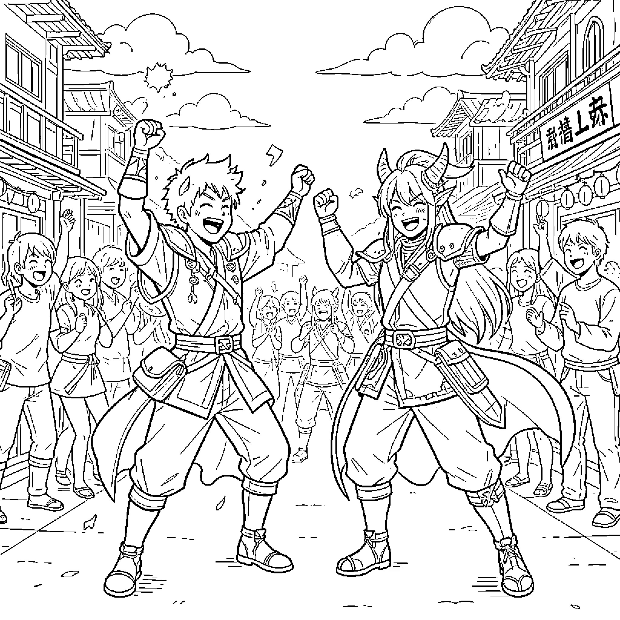 Sangoku celebrating joyfully with friends in a village Coloring Page (free black-and-white line drawing printable PDF for all, from beginners to advanced learners, including children, teens, adults, and seniors)