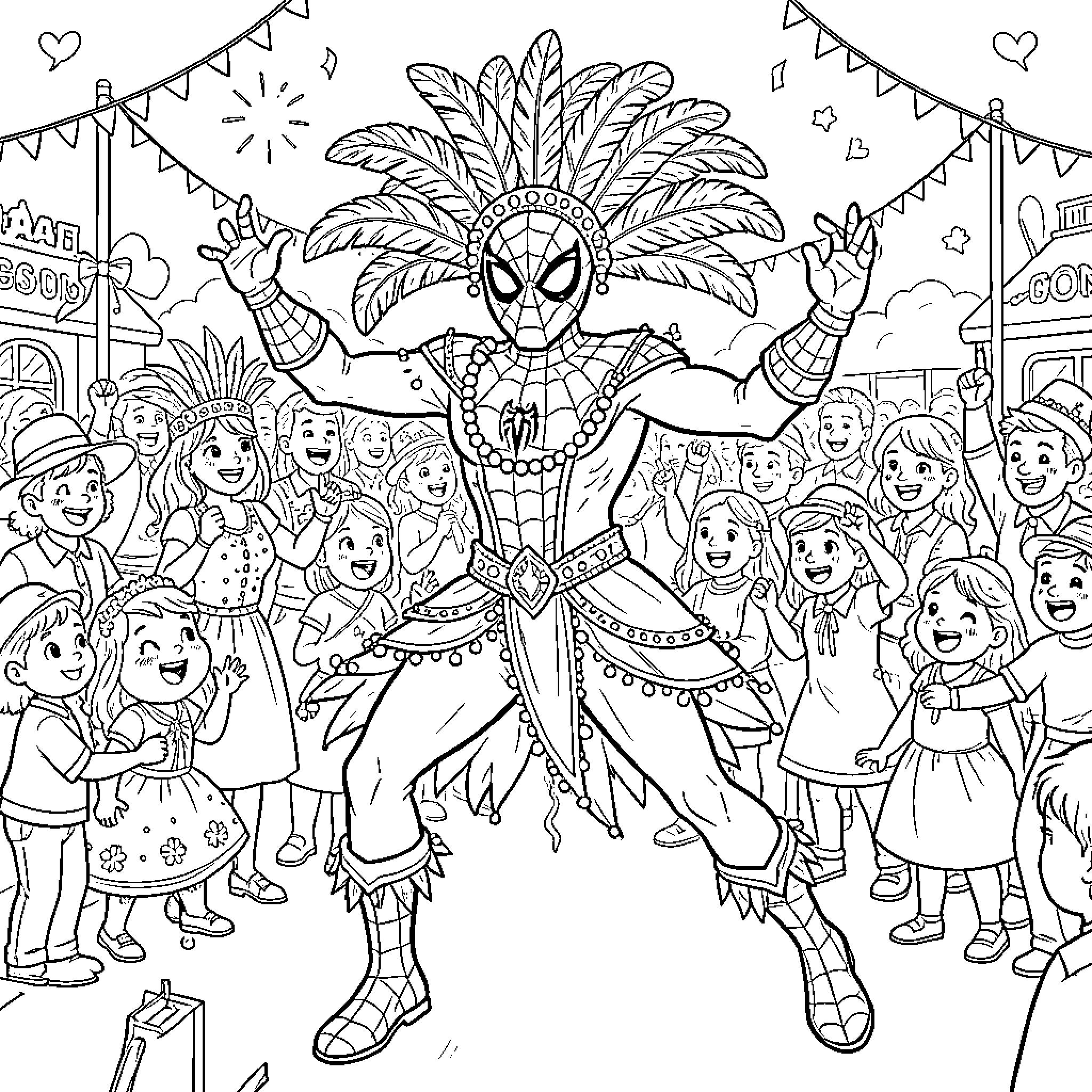 Spiderman performing at a festive carnival parade Coloring Page (free black-and-white line drawing printable PDF for all, from beginners to advanced learners, including children, teens, adults, and seniors)