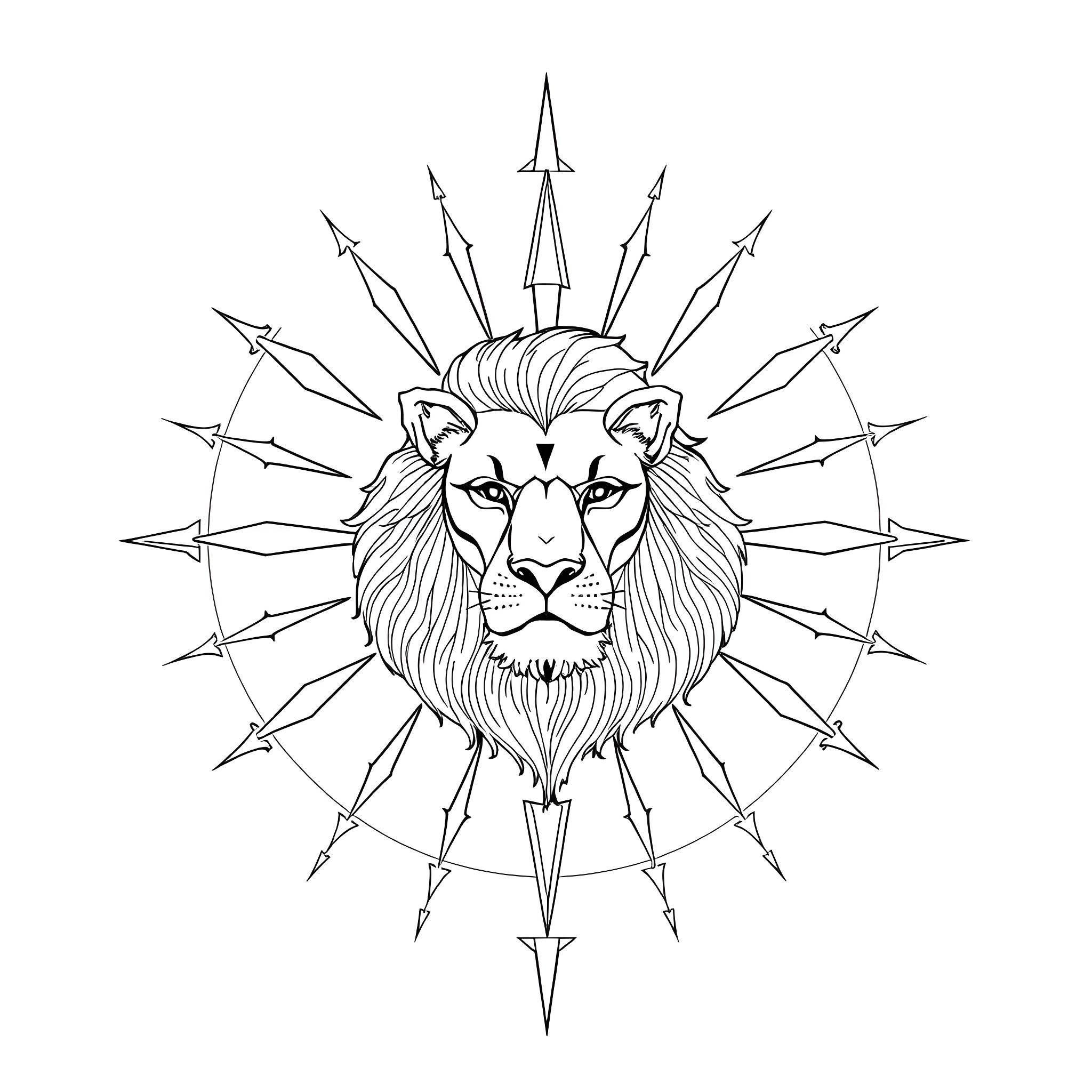 Lion with bold sunburst design Coloring Page (free black-and-white line drawing printable PDF for all, from beginners to advanced learners, including children, teens, adults, and seniors)