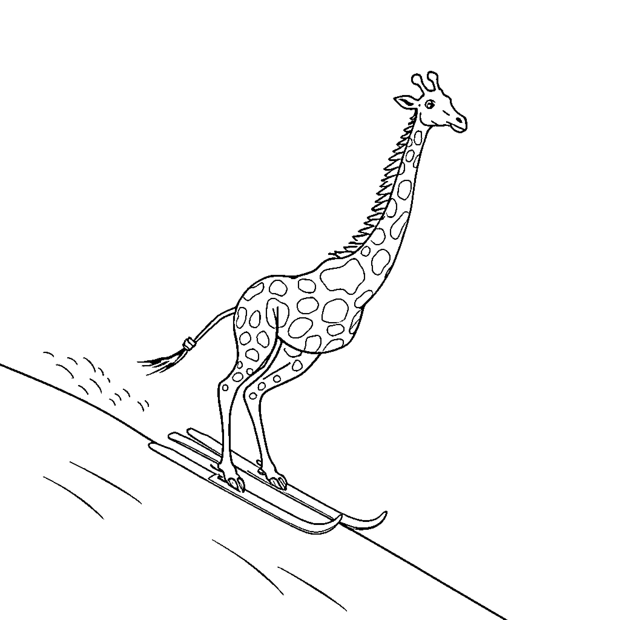 Giraffe skiing down a slope Coloring Page (free black-and-white line drawing printable PDF for all, from beginners to advanced learners, including children, teens, adults, and seniors)