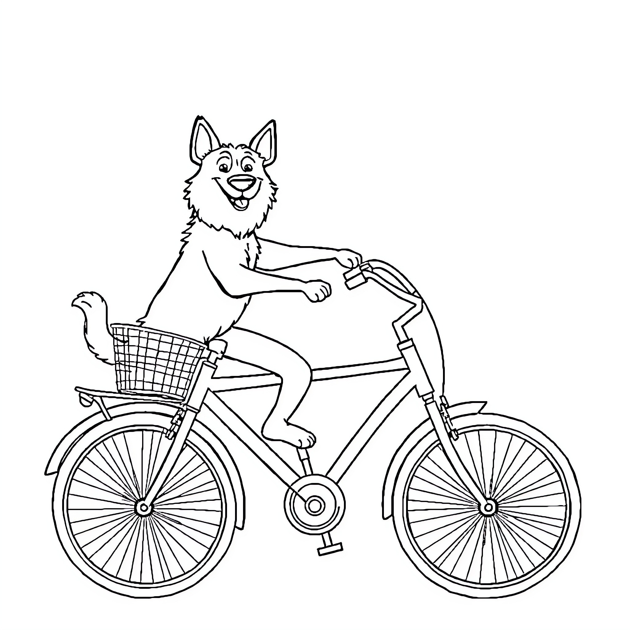 Dog riding a bicycle happily Coloring Page (free black-and-white line drawing printable PDF for all, from beginners to advanced learners, including children, teens, adults, and seniors)