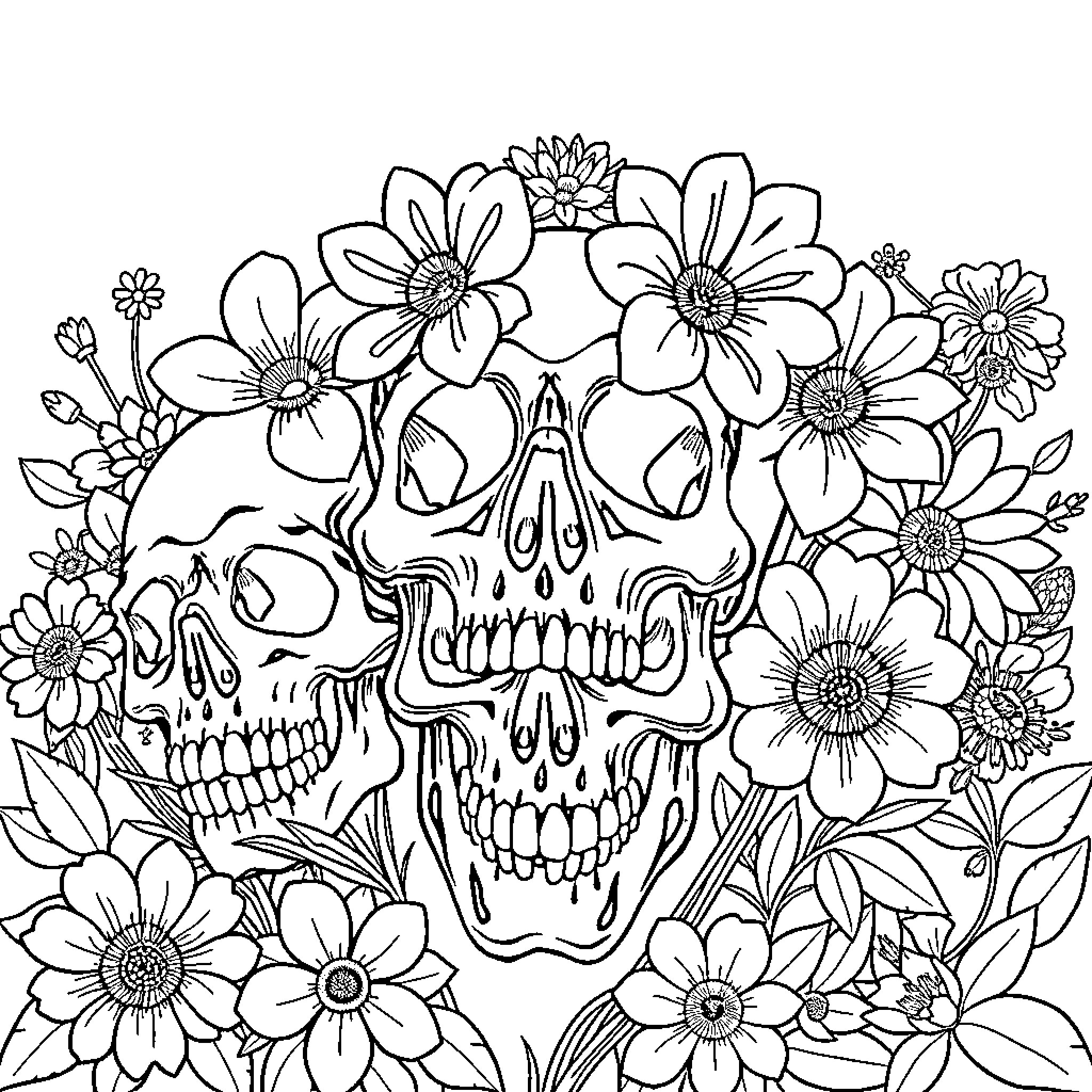 Skull in a field of flowers Coloring Page (free black-and-white line drawing printable PDF for all, from beginners to advanced learners, including children, teens, adults, and seniors)