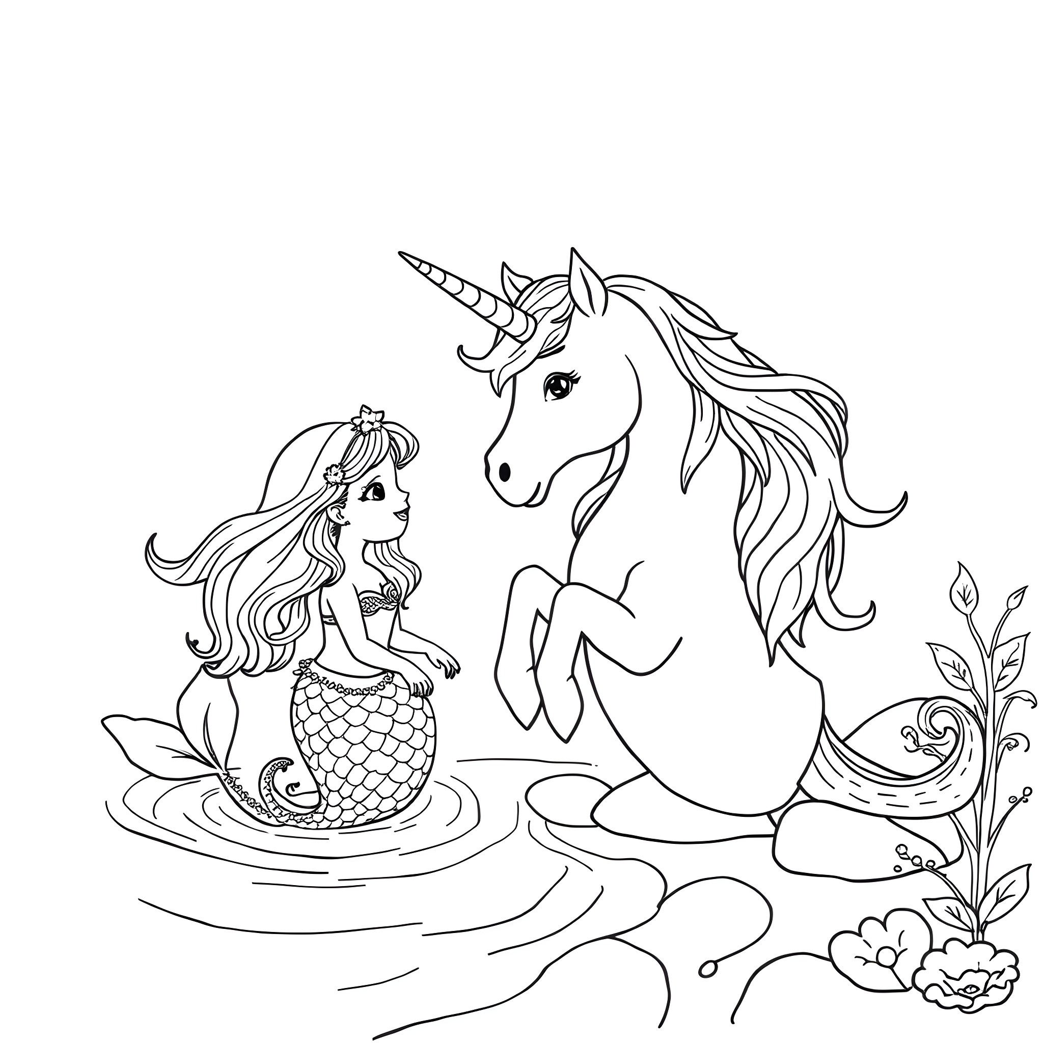 Unicorn and mermaid encounter in magical underwater scene Coloring Page (free black-and-white line drawing printable PDF for all, from beginners to advanced learners, including children, teens, adults, and seniors)