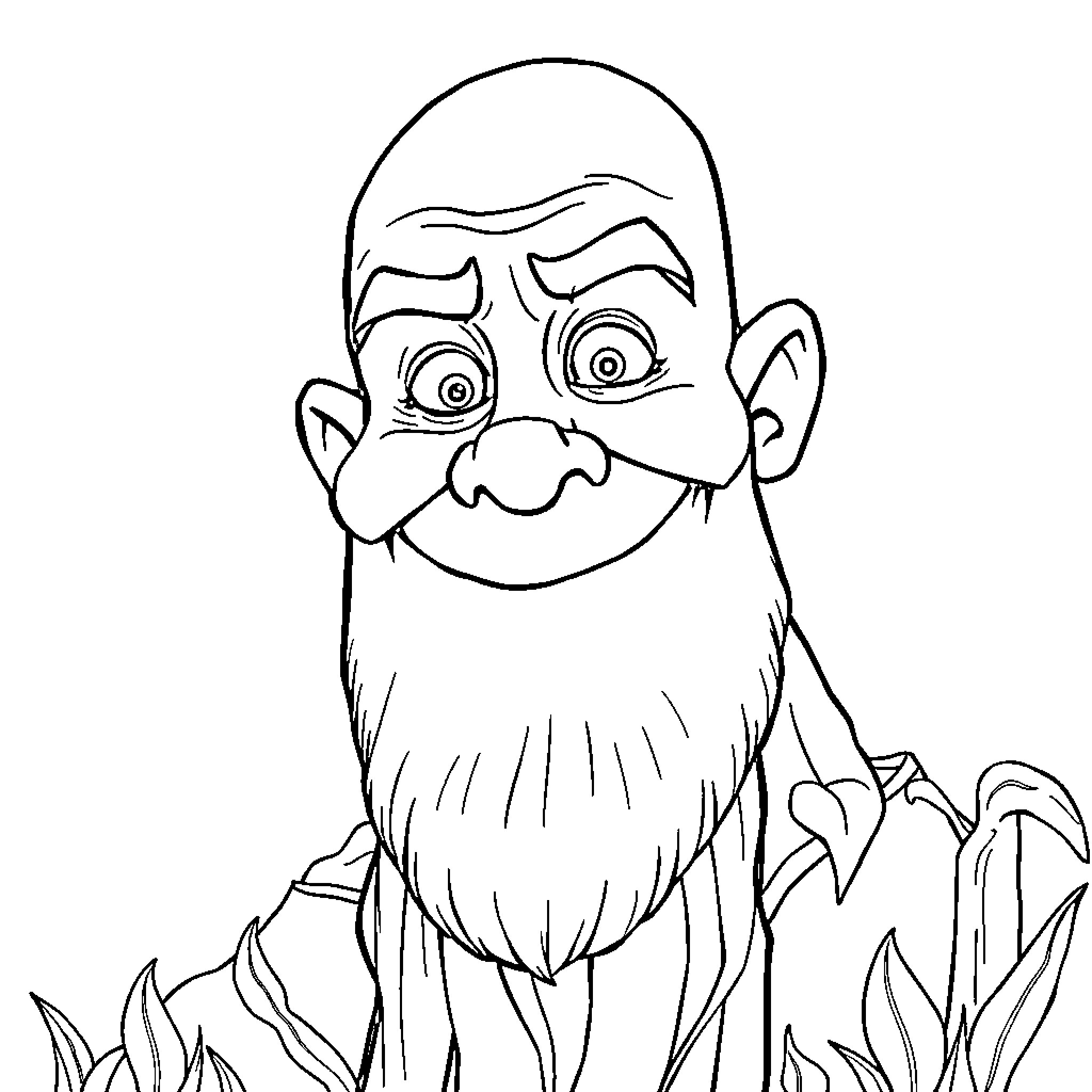 Giant Smiling Gnome in Grassy Field Coloring Page (free black-and-white line drawing printable PDF for all, from beginners to advanced learners, including children, teens, adults, and seniors)