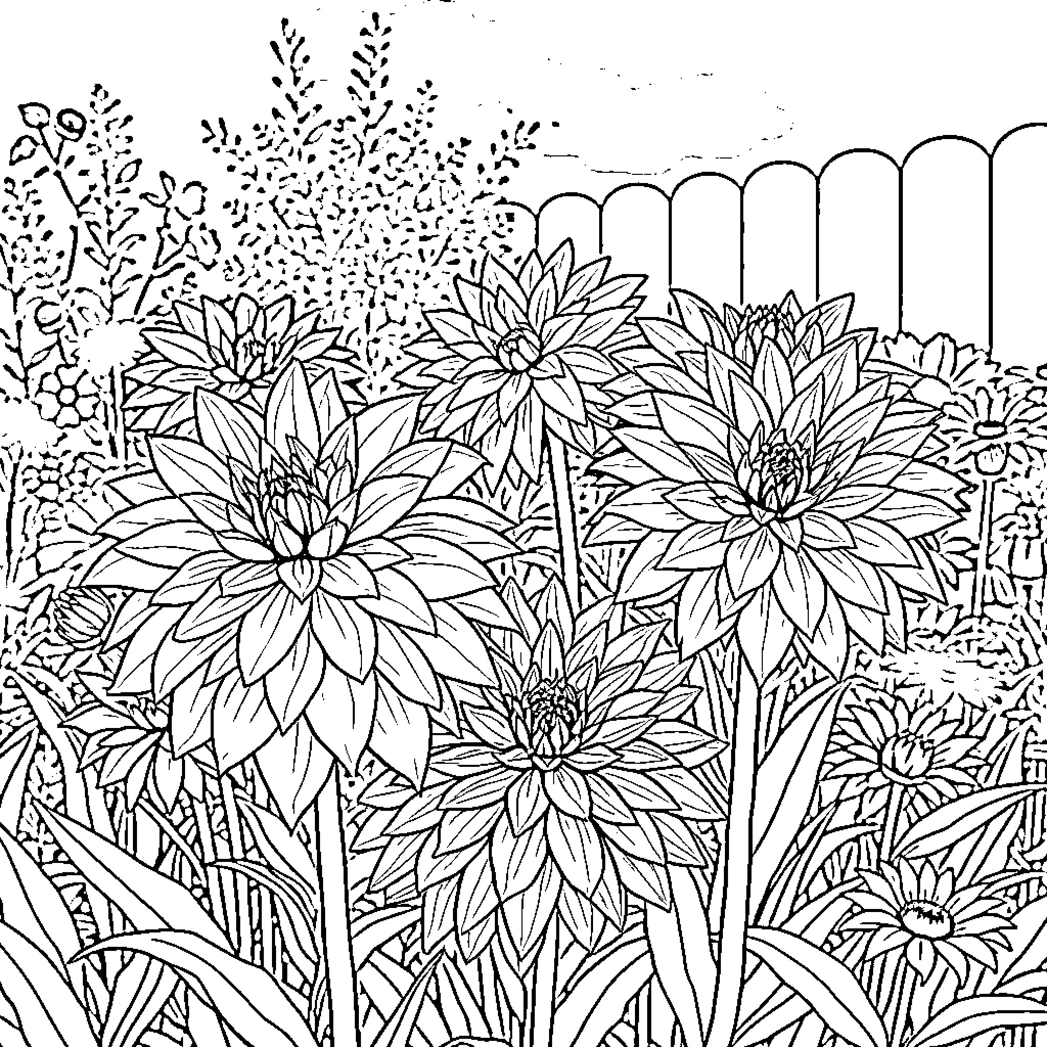 Dahlia flowers blooming in a vibrant garden Coloring Page (free black-and-white line drawing printable PDF for all, from beginners to advanced learners, including children, teens, adults, and seniors)