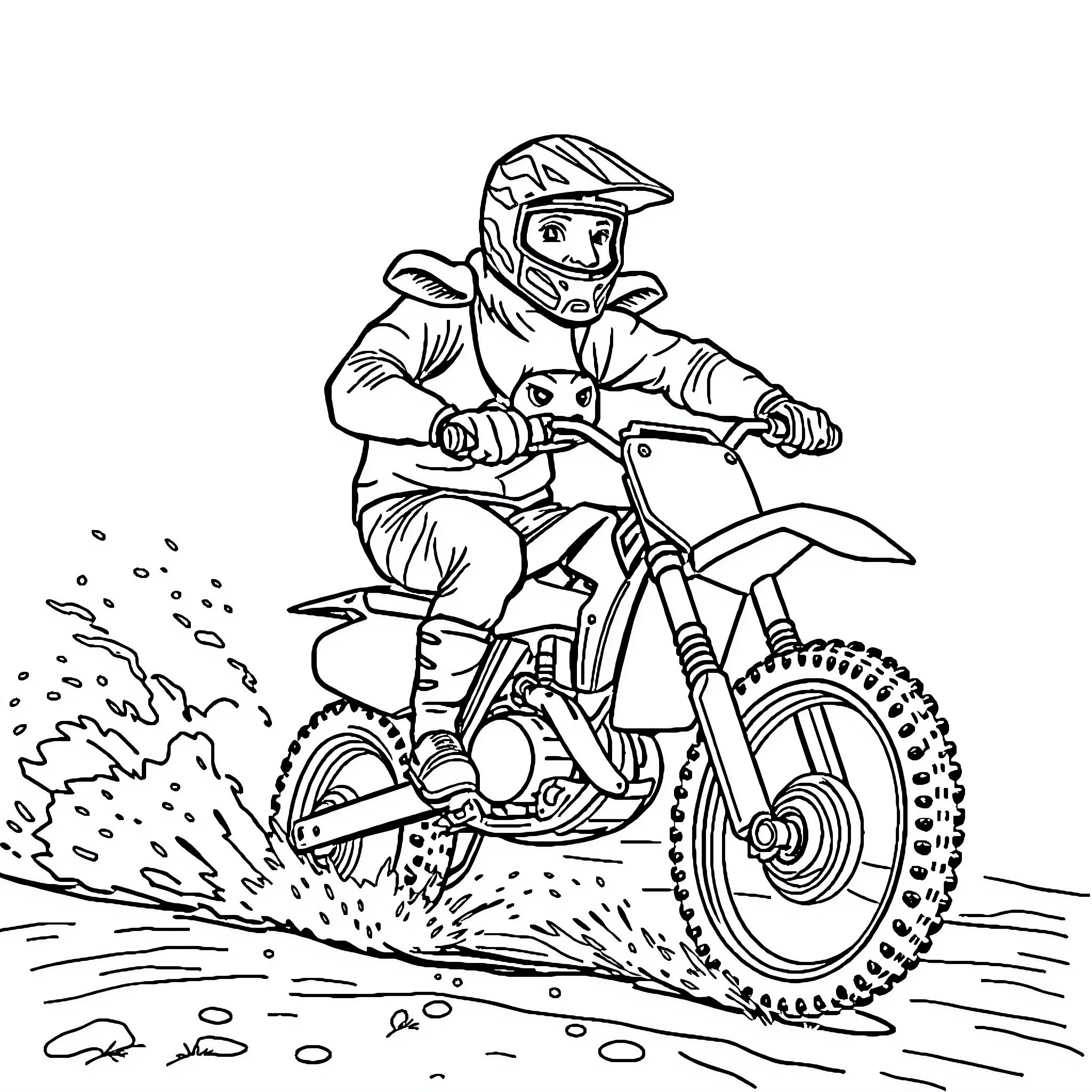 Cow riding dirt bike through mud Coloring Page (free black-and-white line drawing printable PDF for all, from beginners to advanced learners, including children, teens, adults, and seniors)