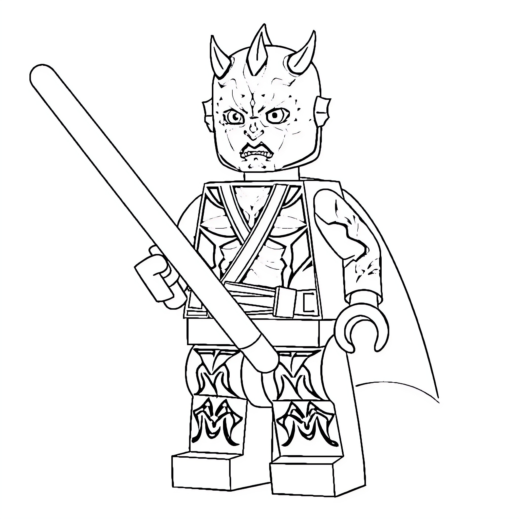 Darth Maul wielding a lightsaber in action pose Coloring Page (free black-and-white line drawing printable PDF for all, from beginners to advanced learners, including children, teens, adults, and seniors)