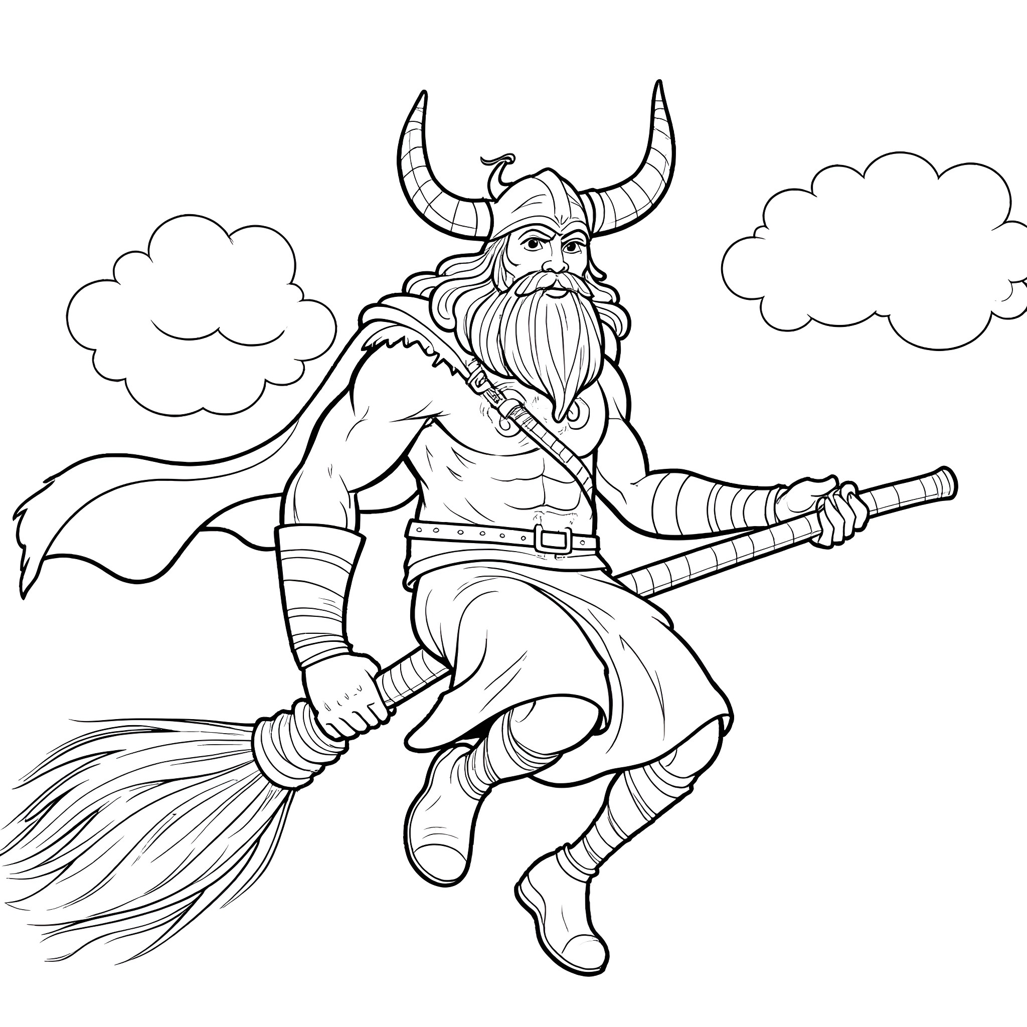 Viking Warrior Riding Broom in the Sky Coloring Page (free black-and-white line drawing printable PDF for all, from beginners to advanced learners, including children, teens, adults, and seniors)