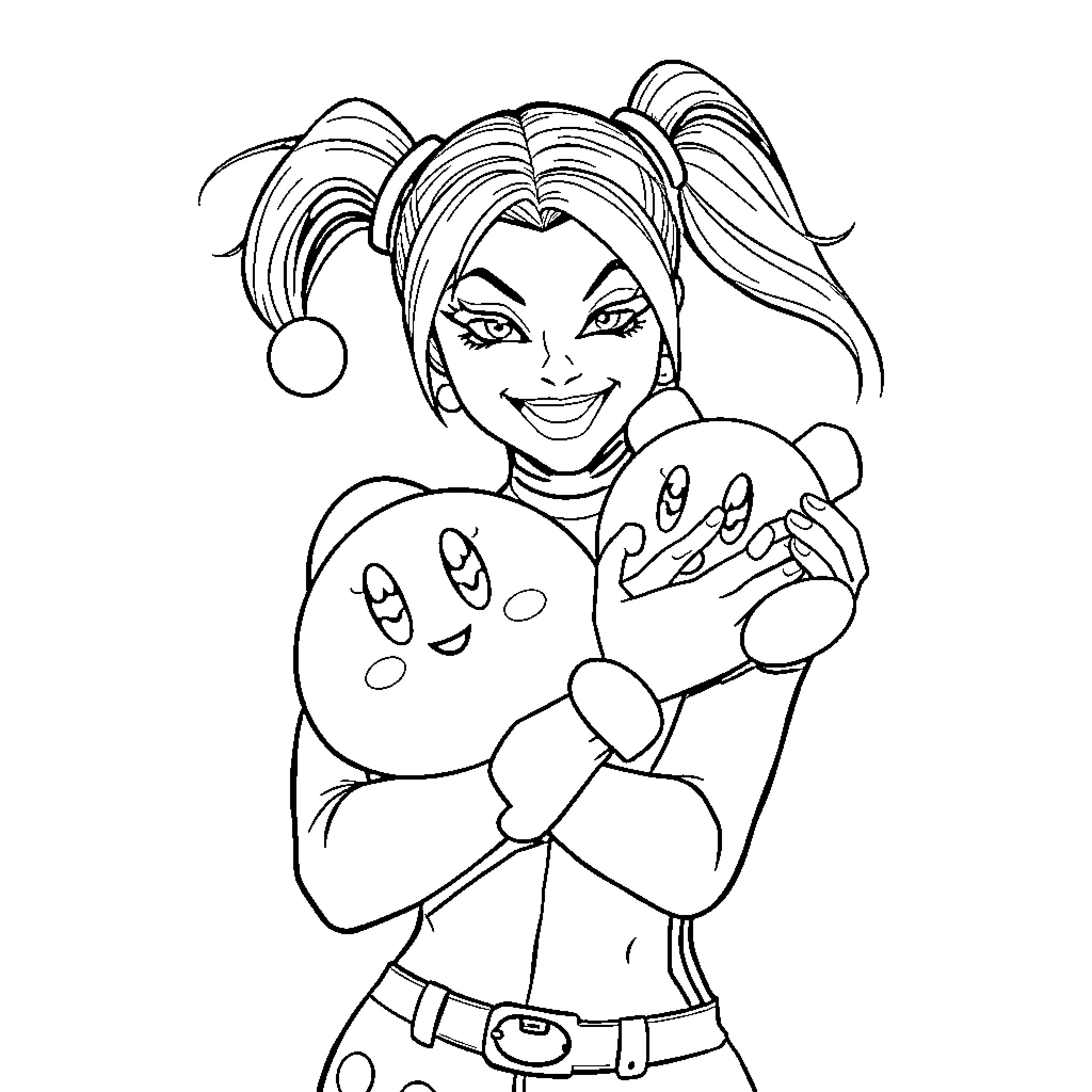 Harley Quinn's Playful Antics with Ghostly Companions Coloring Page (free black-and-white line drawing printable PDF for all, from beginners to advanced learners, including children, teens, adults, and seniors)