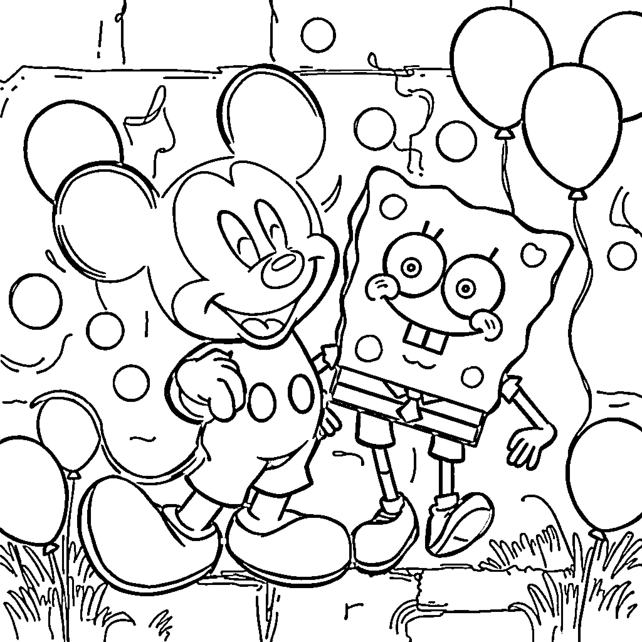 Mickey Mouse and SpongeBob celebrate with balloons Coloring Page (free black-and-white line drawing printable PDF for all, from beginners to advanced learners, including children, teens, adults, and seniors)