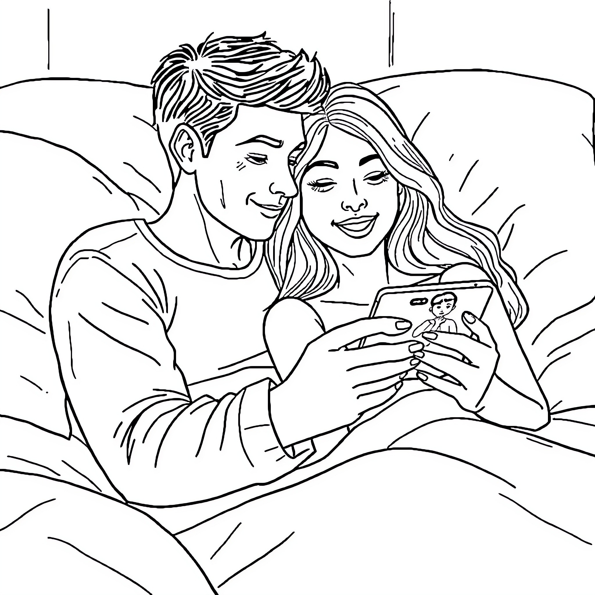 Couple sharing a moment with smartphone Coloring Page (free black-and-white line drawing printable PDF for all, from beginners to advanced learners, including children, teens, adults, and seniors)