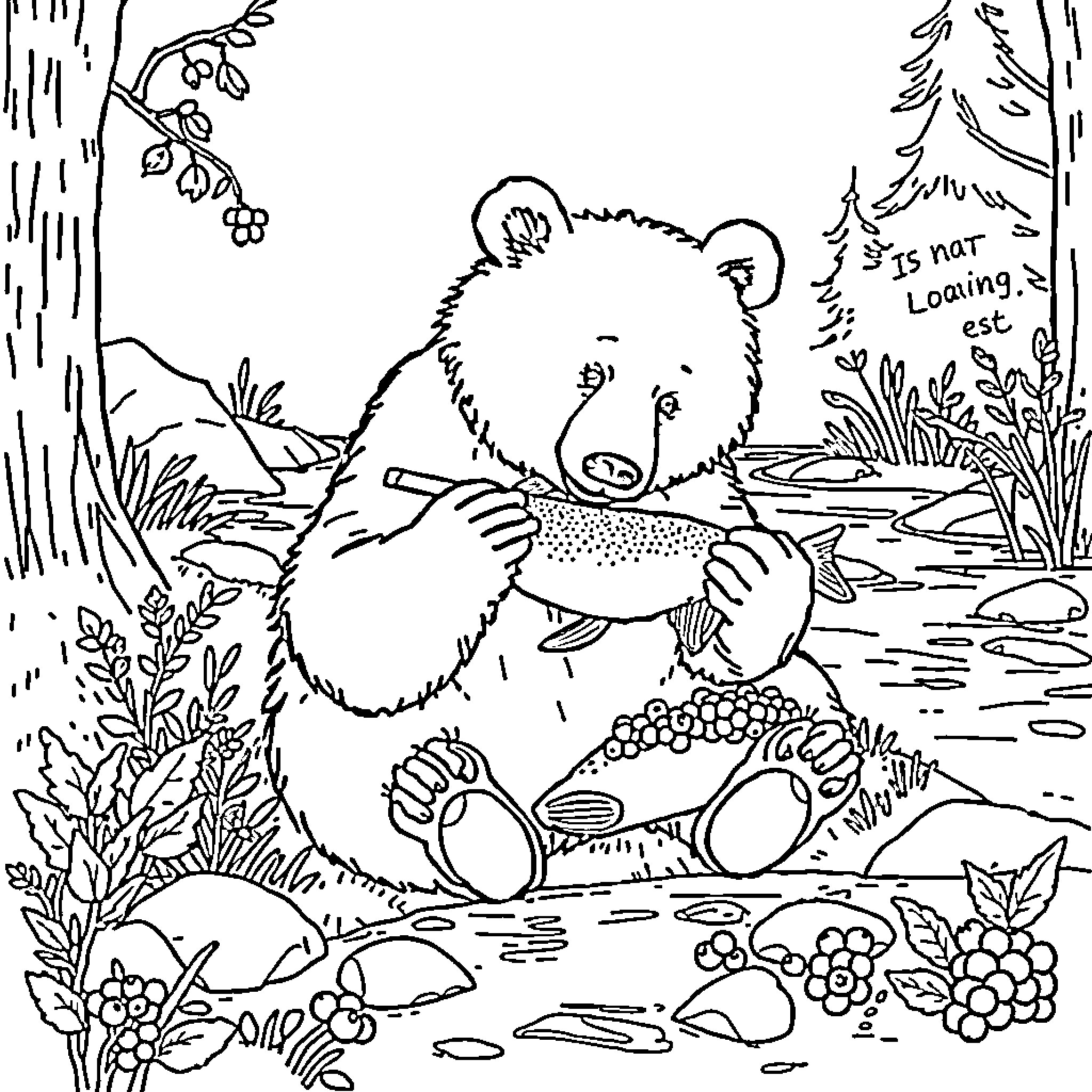 Bear fishing joyfully in the forest stream Coloring Page (free black-and-white line drawing printable PDF for all, from beginners to advanced learners, including children, teens, adults, and seniors)