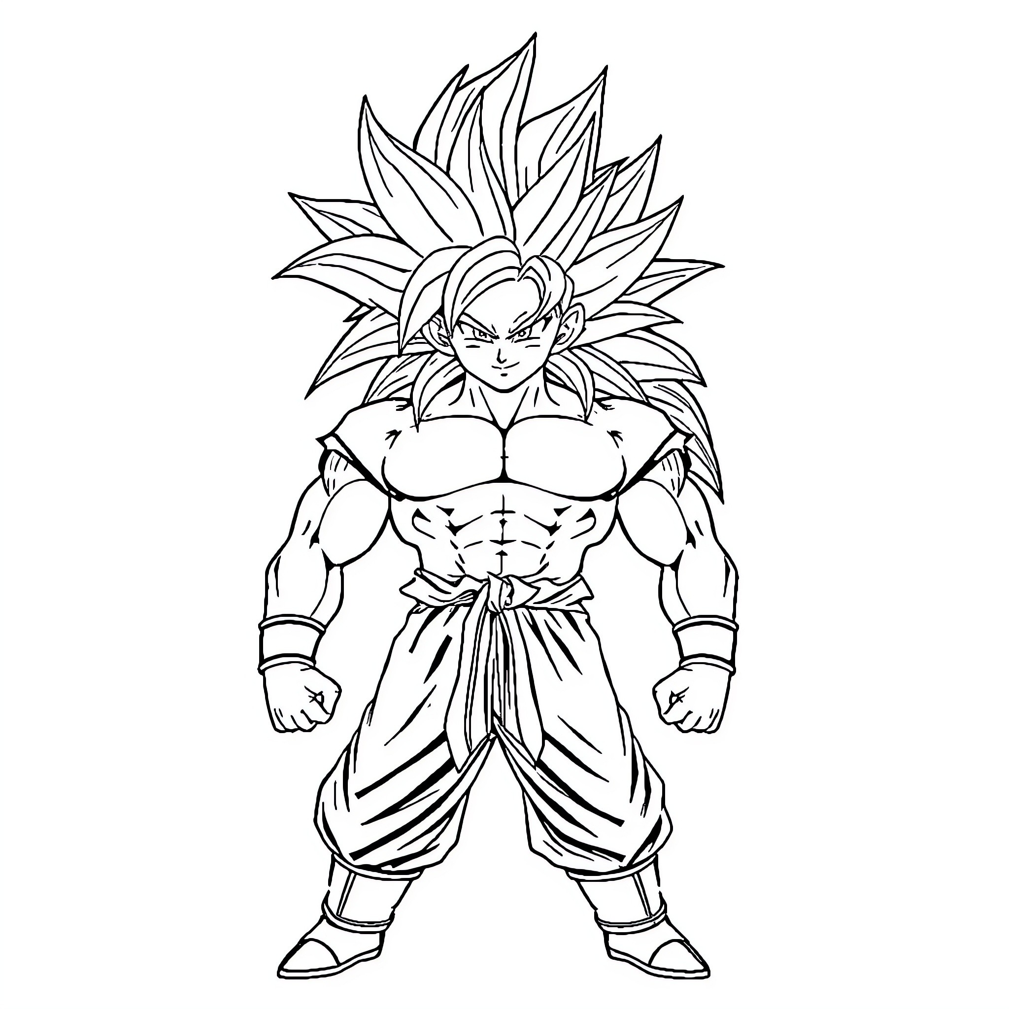 Goku in a powerful fighting stance Coloring Page (free black-and-white line drawing printable PDF for all, from beginners to advanced learners, including children, teens, adults, and seniors)