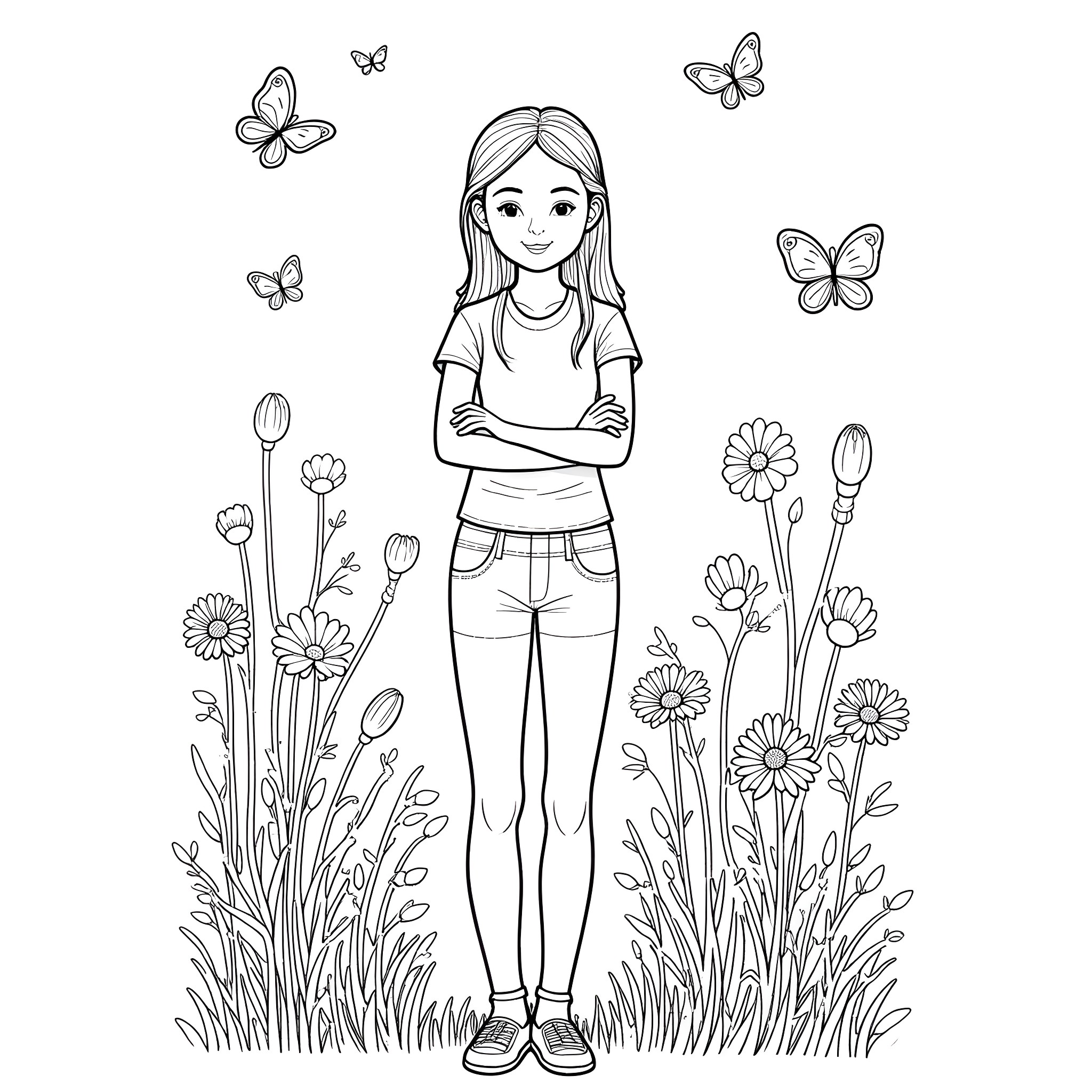 Girl standing amidst flowers and butterflies Coloring Page (free black-and-white line drawing printable PDF for all, from beginners to advanced learners, including children, teens, adults, and seniors)