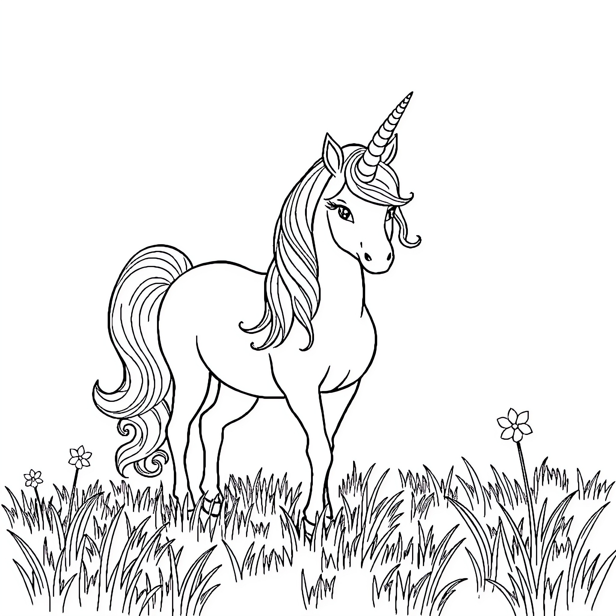 Unicorn standing in the grassy field Coloring Page (free black-and-white line drawing printable PDF for all, from beginners to advanced learners, including children, teens, adults, and seniors)
