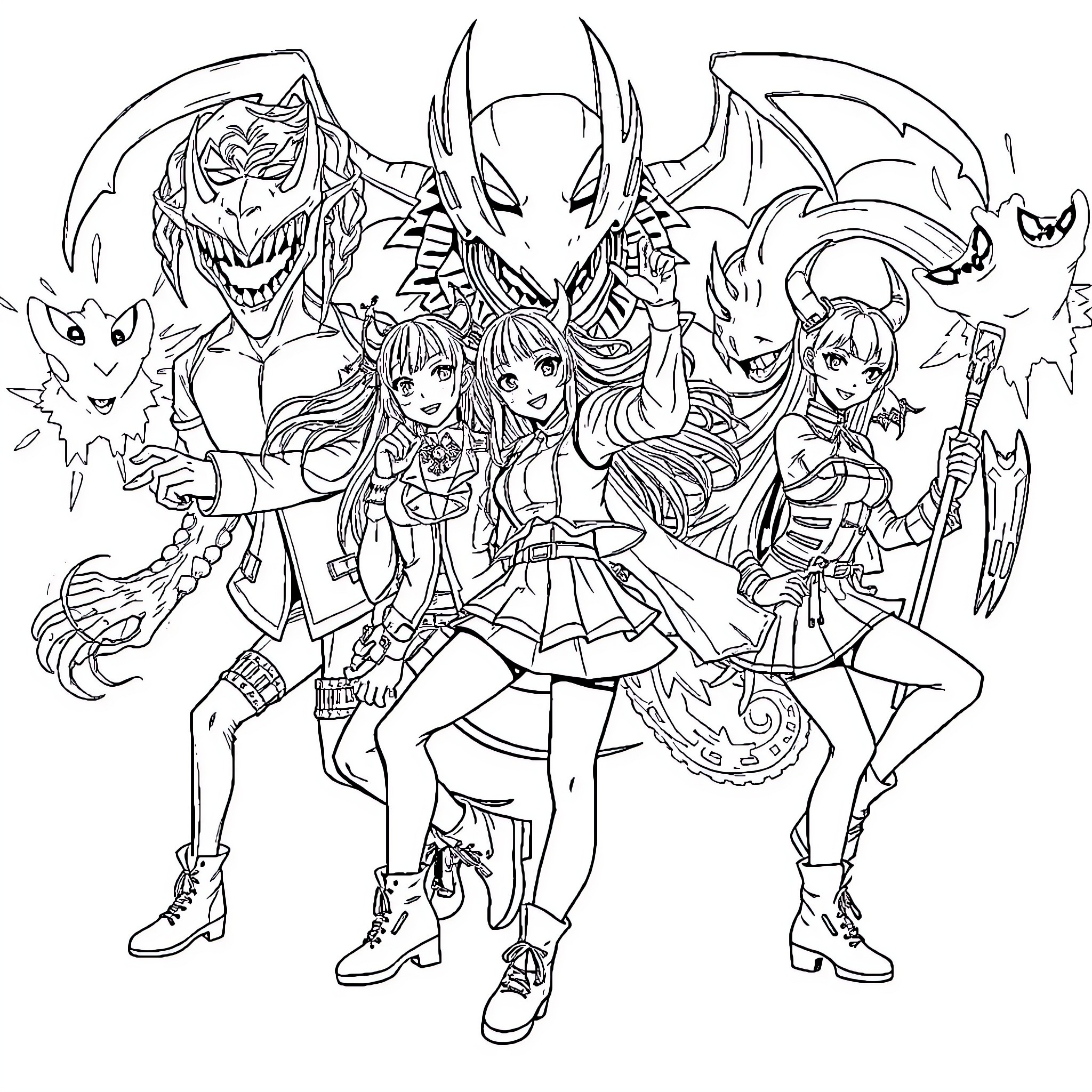 Rumi's Fantastical Ensemble: Anime-Inspired Characters in Action Coloring Page (free black-and-white line drawing printable PDF for all, from beginners to advanced learners, including children, teens, adults, and seniors)