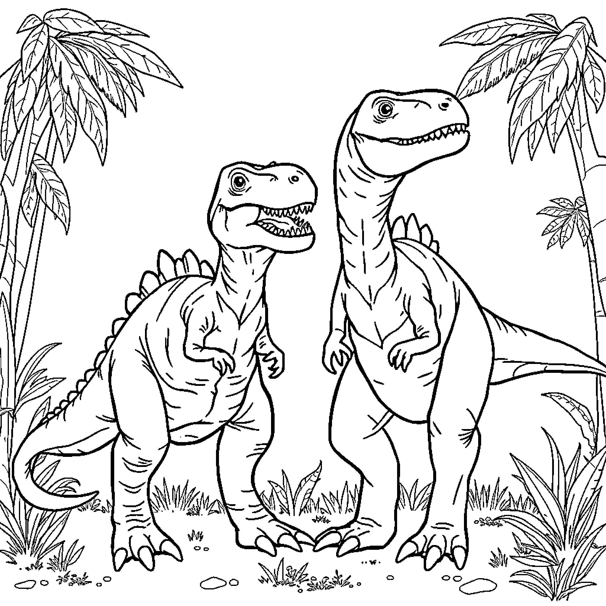 Dinosaurs roaming in the jungle Coloring Page (free black-and-white line drawing printable PDF for all, from beginners to advanced learners, including children, teens, adults, and seniors)