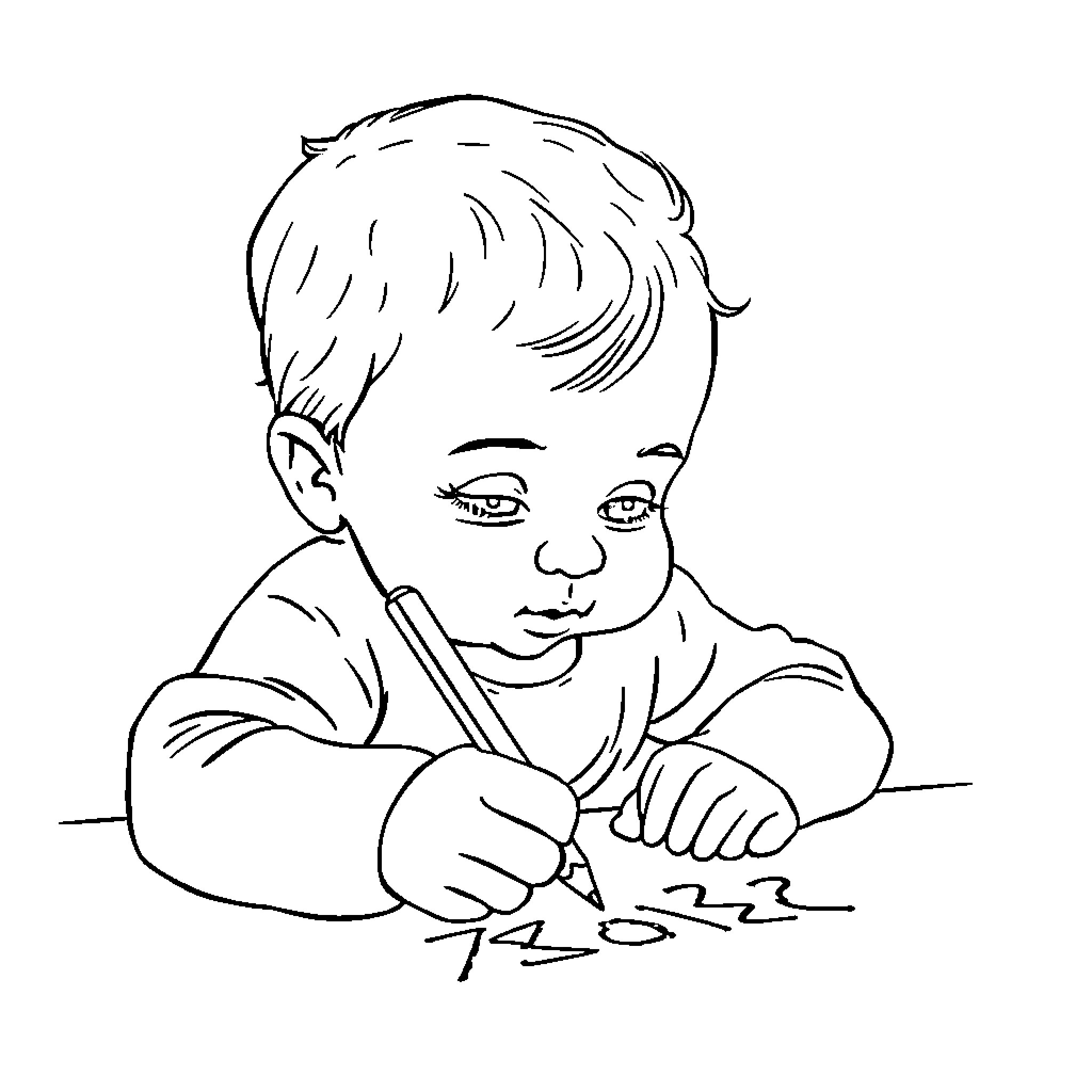 Baby concentrating while drawing with pencils Coloring Page (free black-and-white line drawing printable PDF for all, from beginners to advanced learners, including children, teens, adults, and seniors)