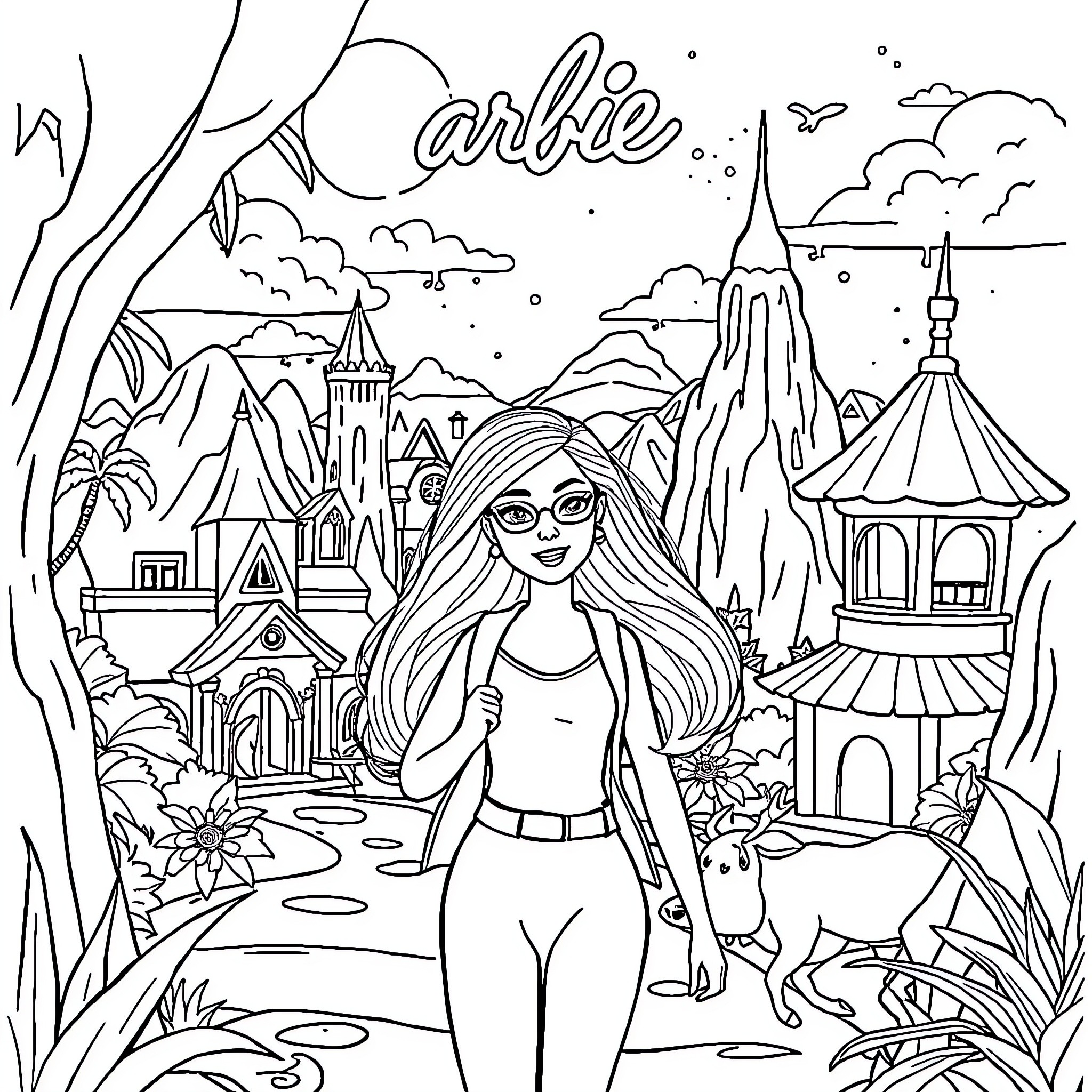 Barbie's Adventures in a Fantastical Landscape Coloring Page (free black-and-white line drawing printable PDF for all, from beginners to advanced learners, including children, teens, adults, and seniors)