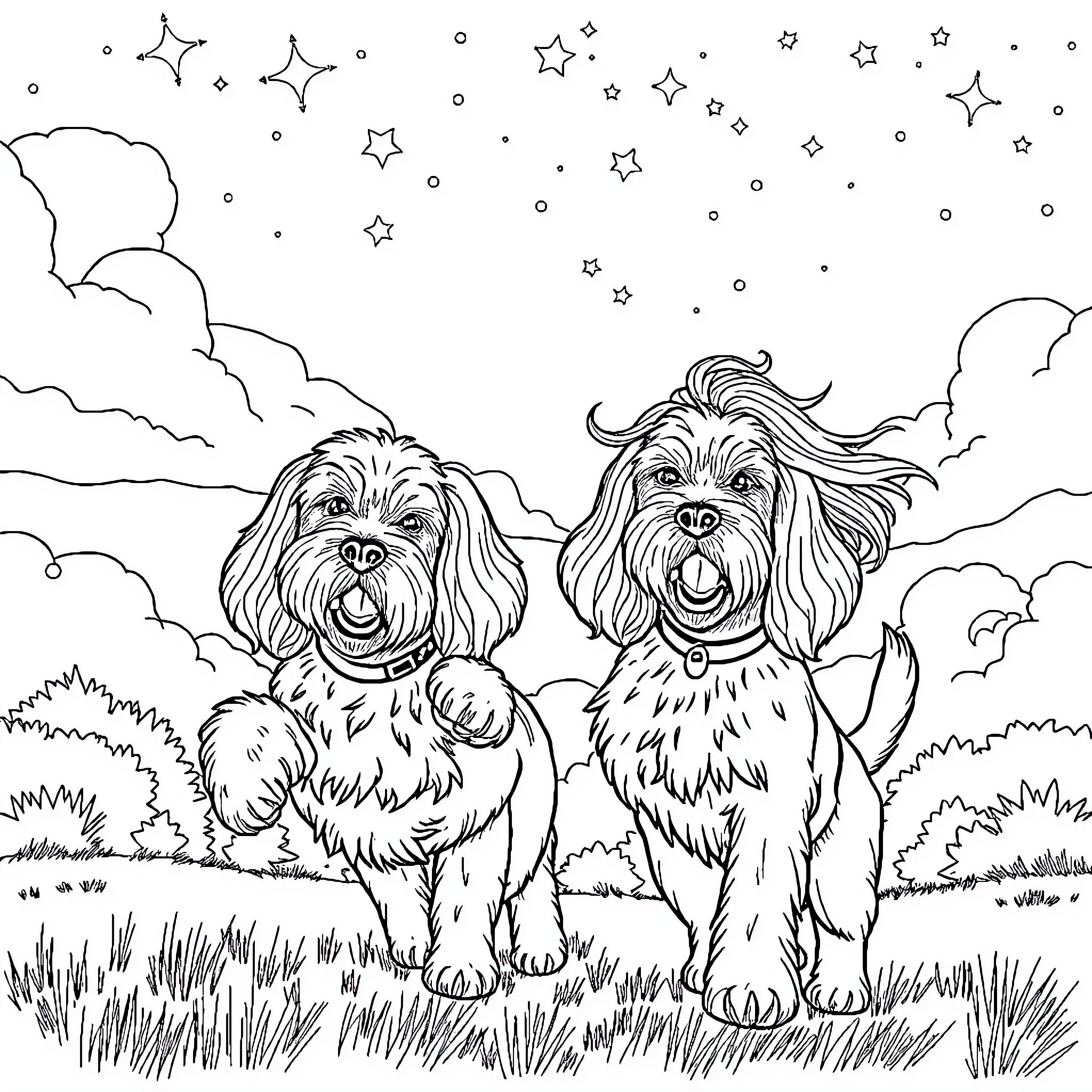 Cocker Spaniels playing under the starry night sky Coloring Page (free black-and-white line drawing printable PDF for all, from beginners to advanced learners, including children, teens, adults, and seniors)