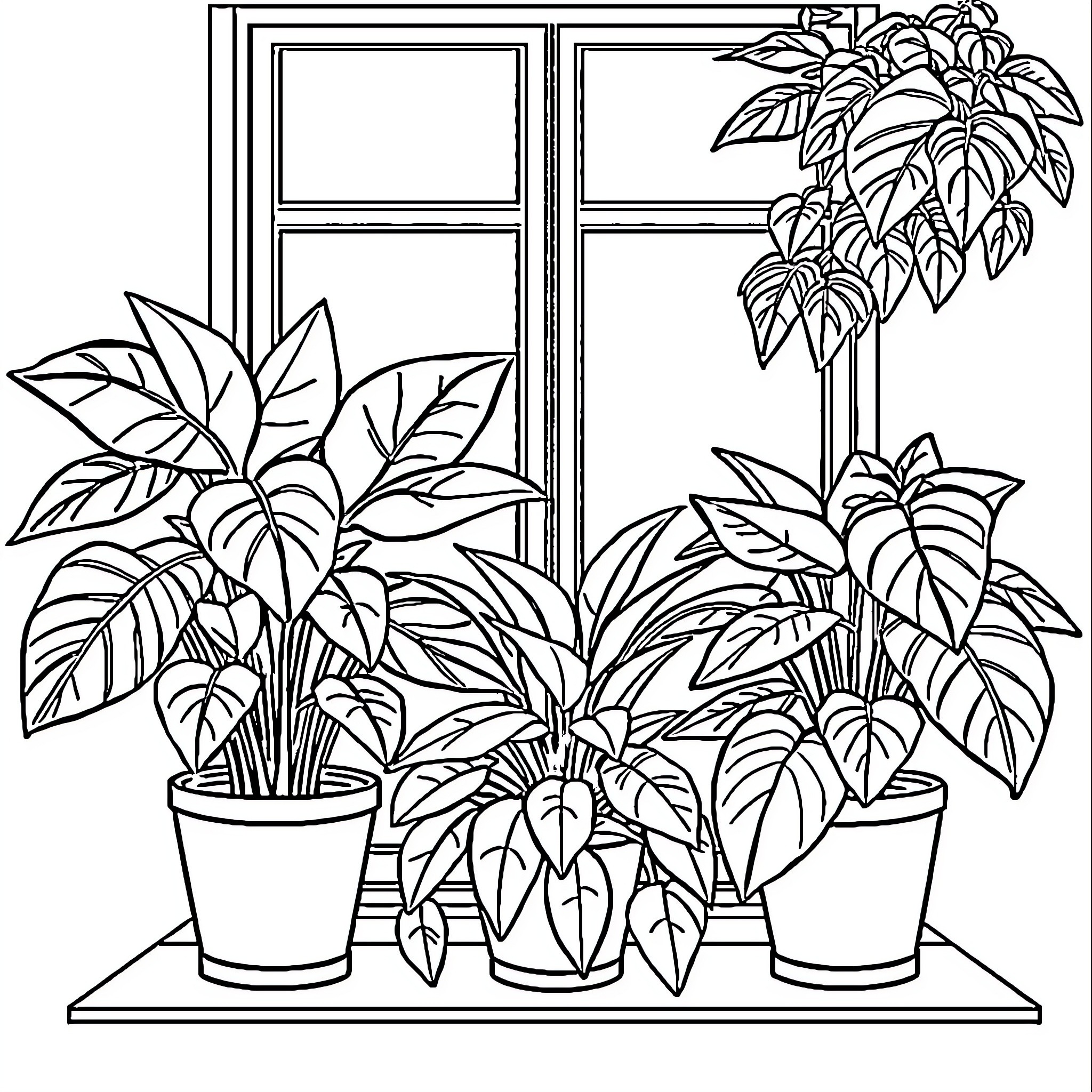 Houseplant scene with window view Coloring Page (free black-and-white line drawing printable PDF for all, from beginners to advanced learners, including children, teens, adults, and seniors)
