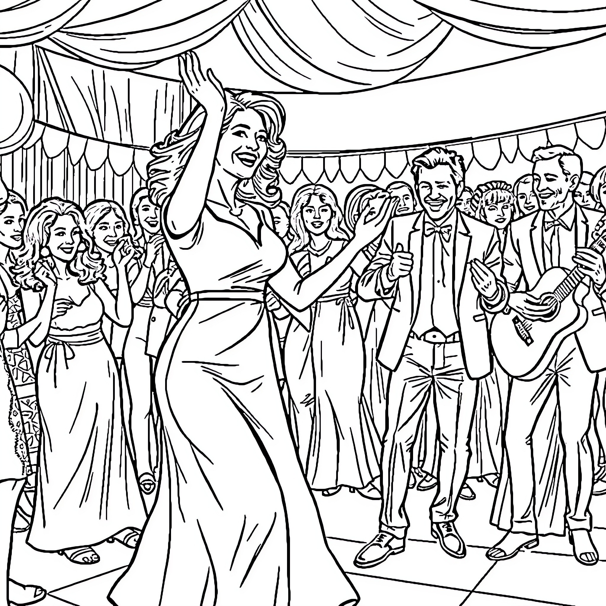 Brigitte Macron dancing at a formal event with guests Coloring Page (free black-and-white line drawing printable PDF for all, from beginners to advanced learners, including children, teens, adults, and seniors)