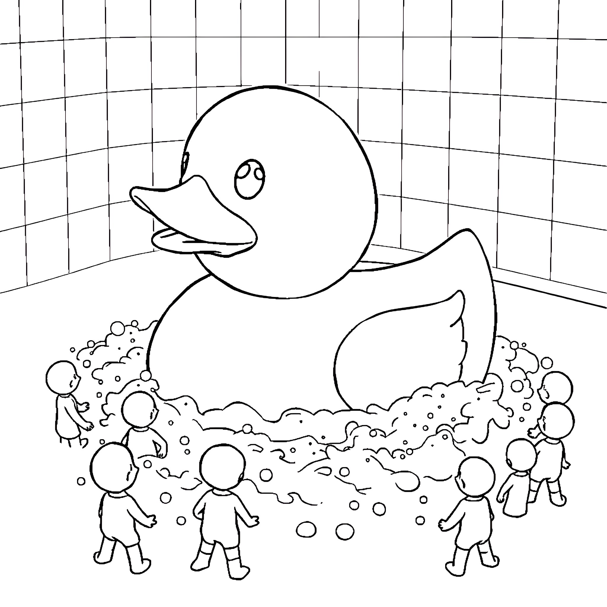 Rubber Duck amusing children in a sudsy bath Coloring Page (free black-and-white line drawing printable PDF for all, from beginners to advanced learners, including children, teens, adults, and seniors)