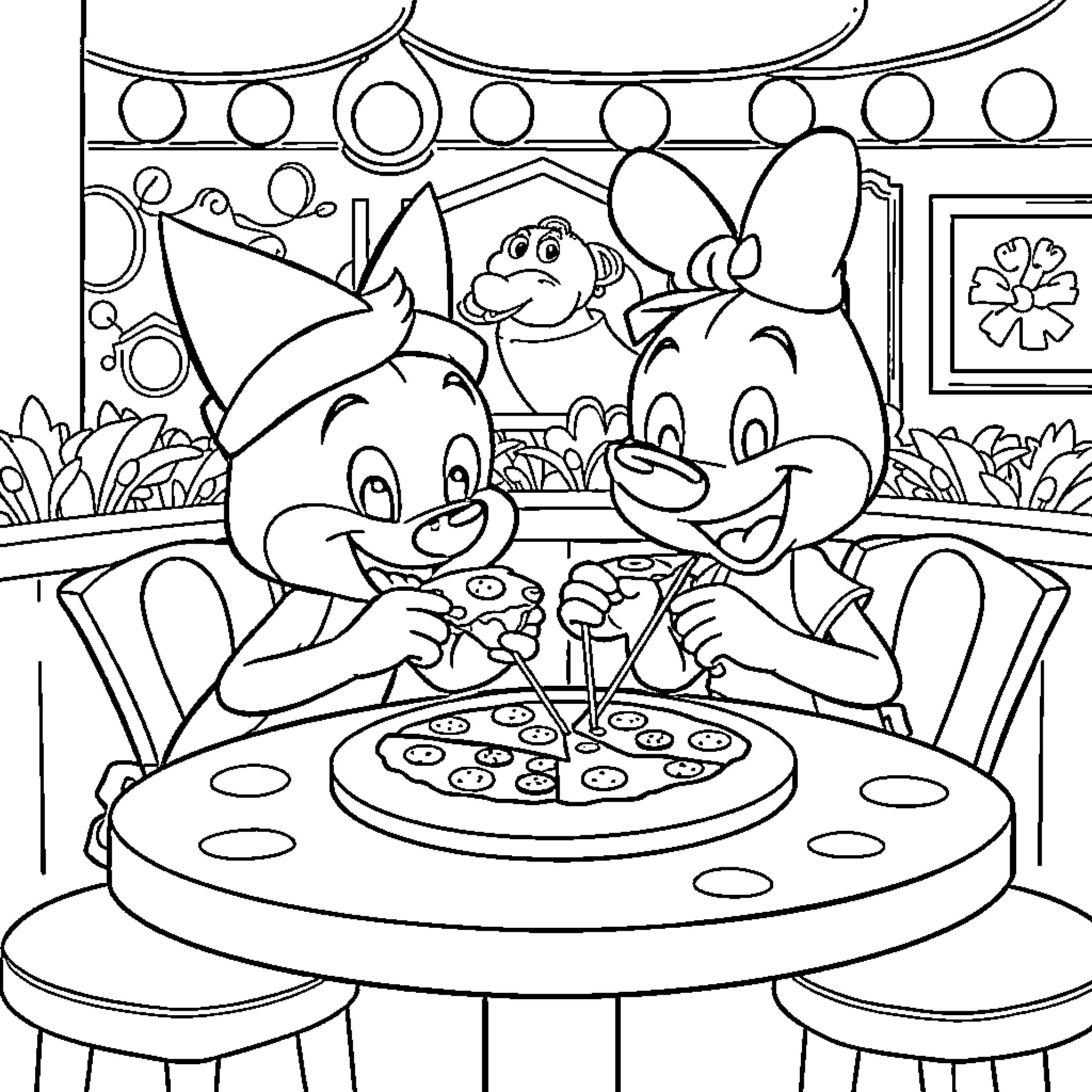 Bluey and Friends Enjoy Pizza Party Coloring Page (free black-and-white line drawing printable PDF for all, from beginners to advanced learners, including children, teens, adults, and seniors)