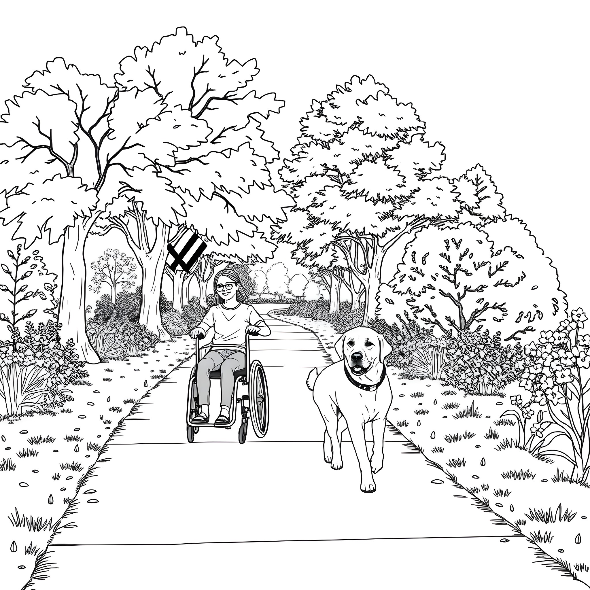 Girl in wheelchair with dog on forest path Coloring Page (free black-and-white line drawing printable PDF for all, from beginners to advanced learners, including children, teens, adults, and seniors)