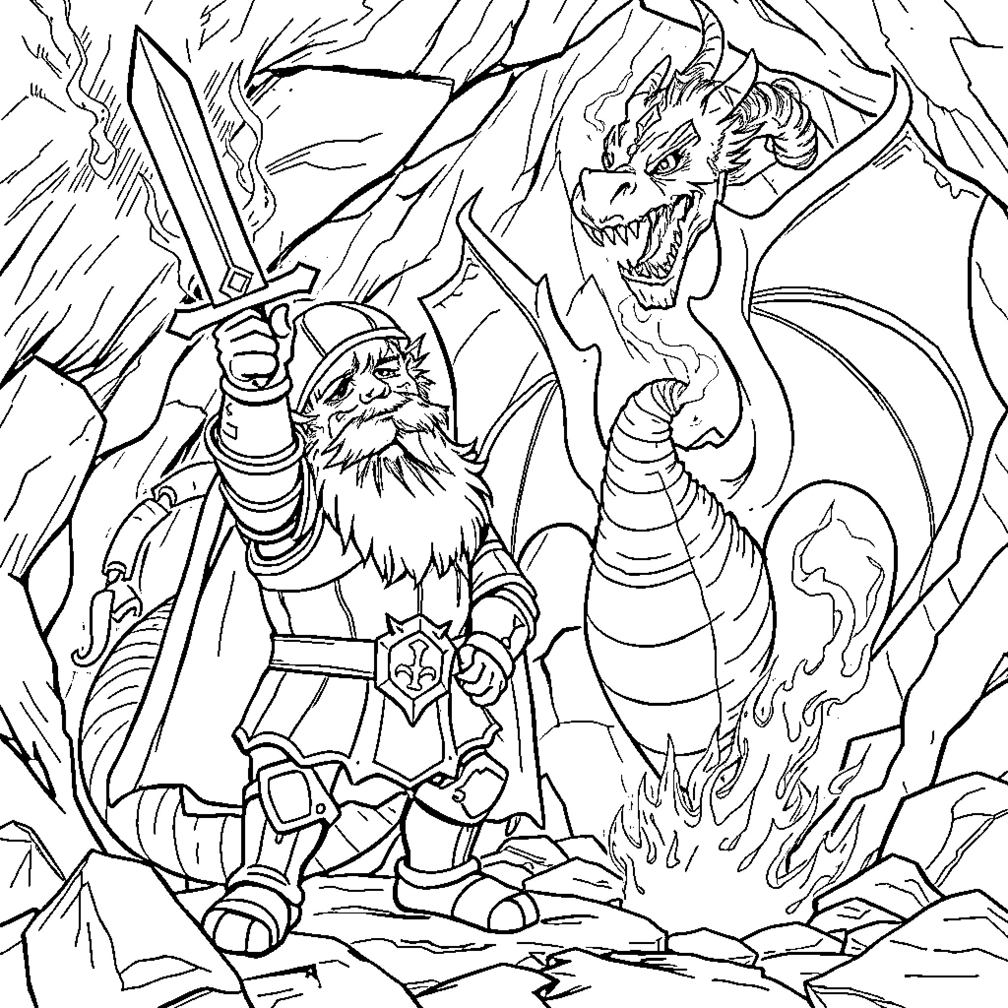 Paladin battling a fierce dragon Coloring Page (free black-and-white line drawing printable PDF for all, from beginners to advanced learners, including children, teens, adults, and seniors)