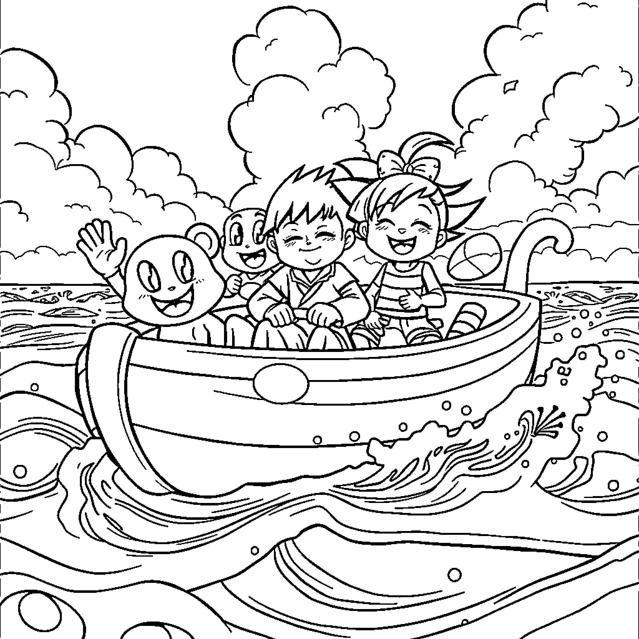 Cartoon Characters Enjoying a Boat Ride on the Sea Coloring Page (free black-and-white line drawing printable PDF for all, from beginners to advanced learners, including children, teens, adults, and seniors)
