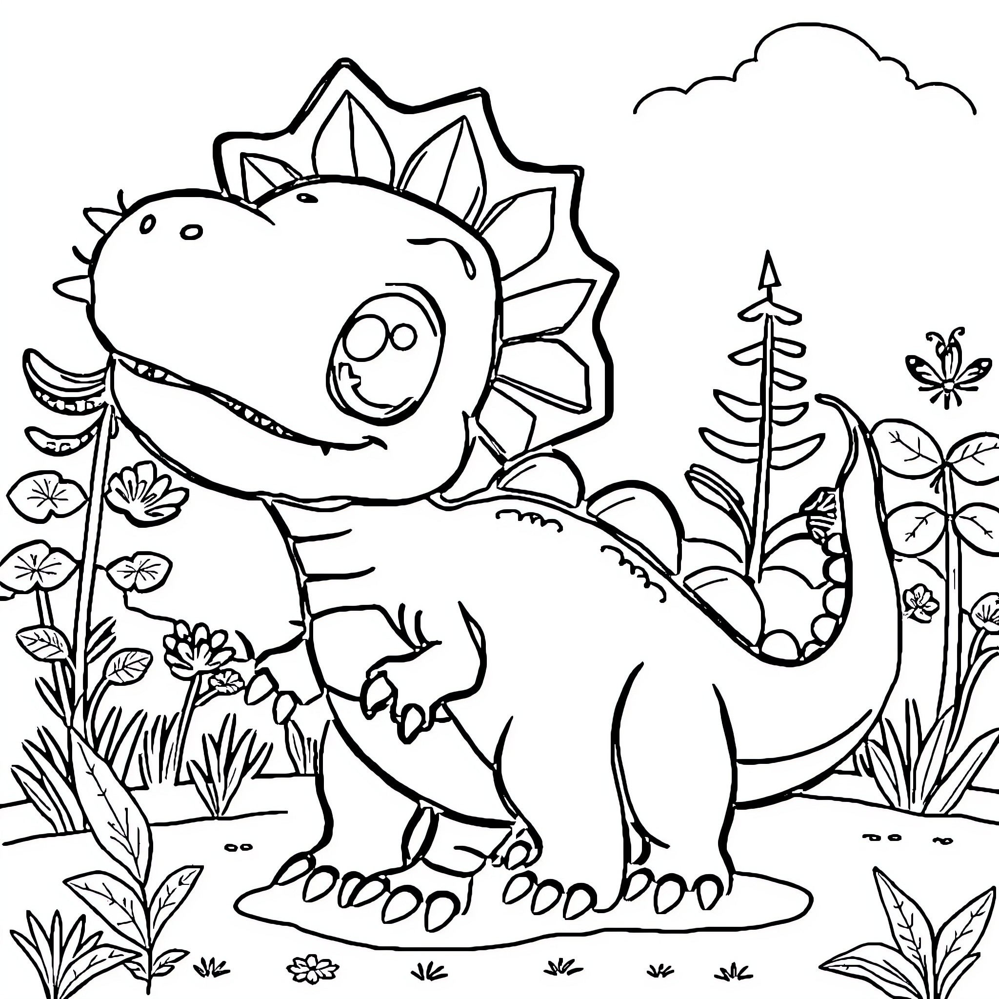 Dinosaur enjoying nature's beauty in a lush landscape Coloring Page (free black-and-white line drawing printable PDF for all, from beginners to advanced learners, including children, teens, adults, and seniors)