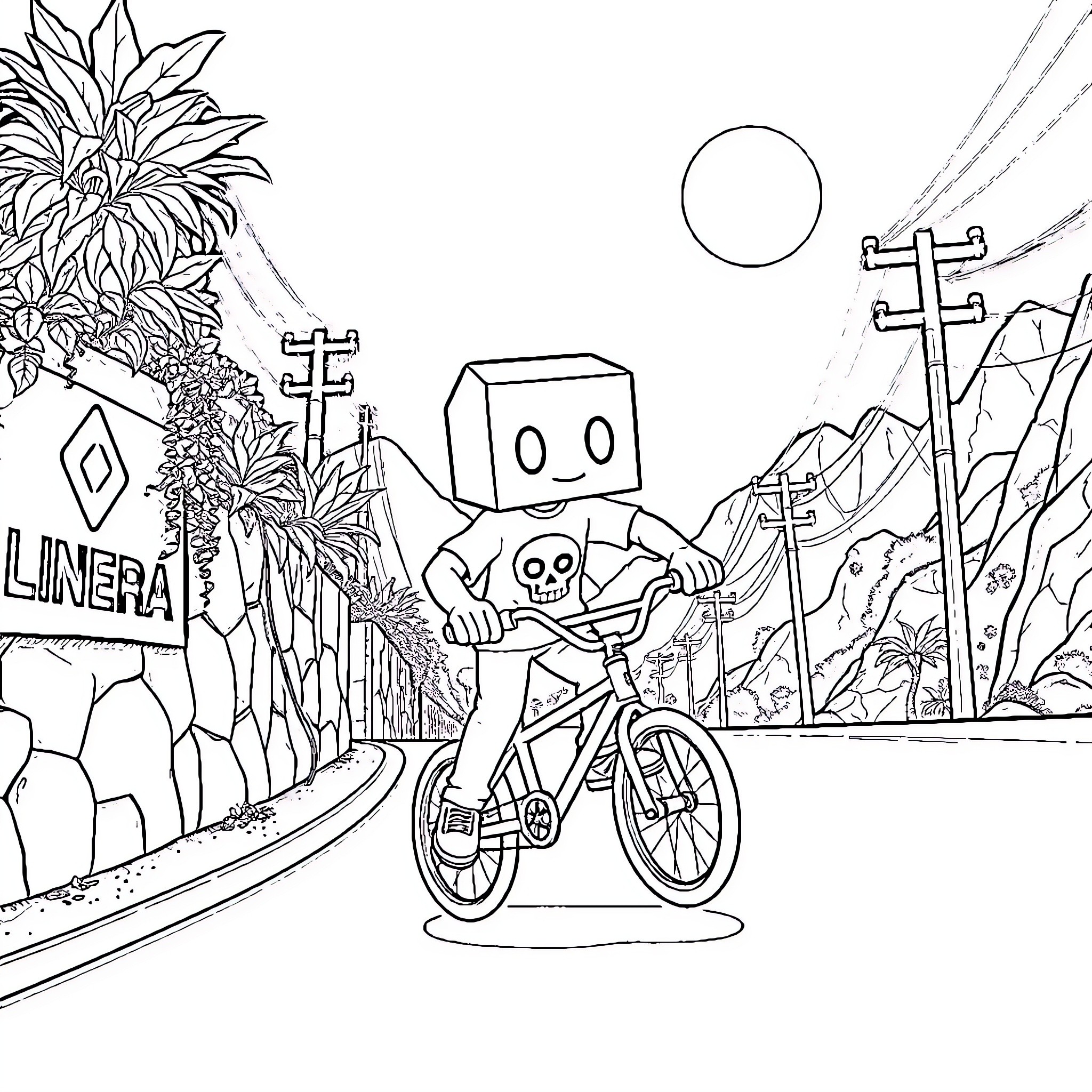 Box-Head Character Riding Bicycle on Road with Mountains Coloring Page (free black-and-white line drawing printable PDF for all, from beginners to advanced learners, including children, teens, adults, and seniors)