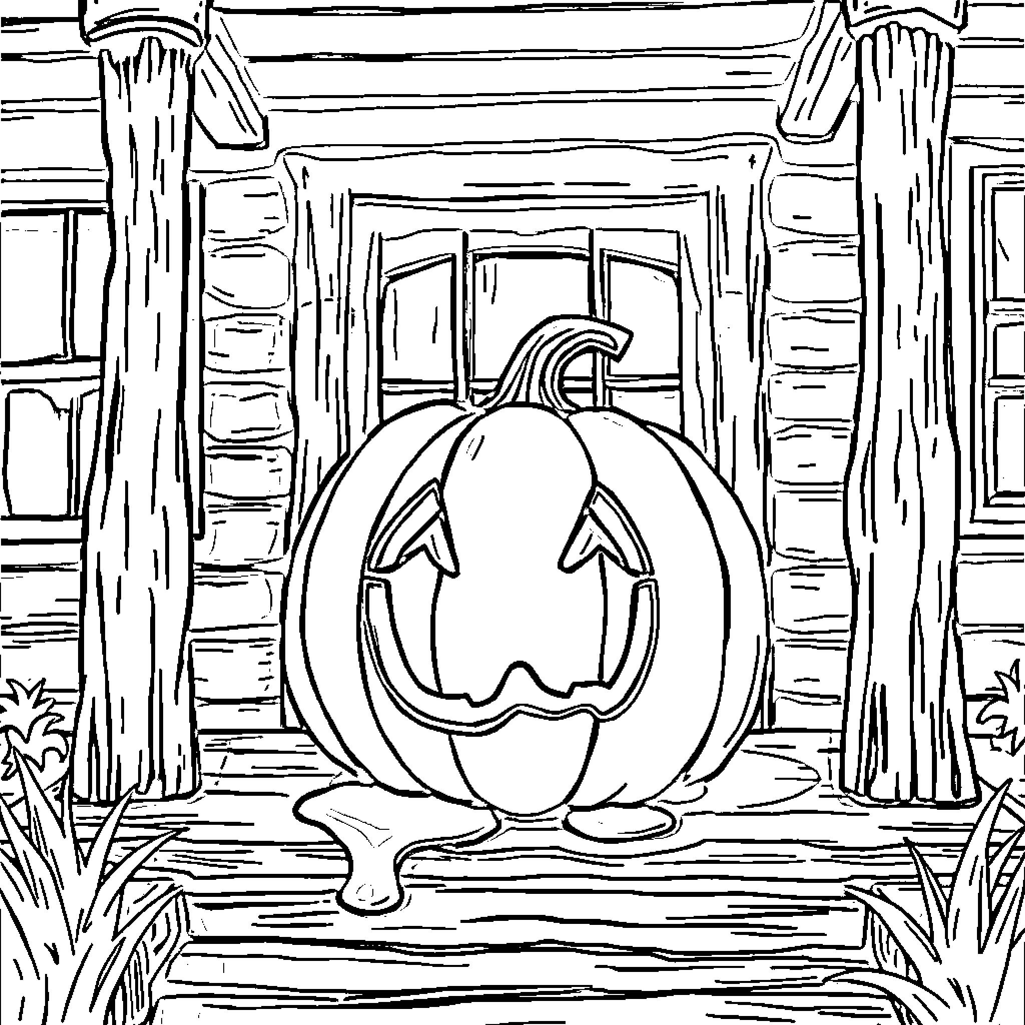 Pumpkin on a Porch in Spooky Surroundings Coloring Page (free black-and-white line drawing printable PDF for all, from beginners to advanced learners, including children, teens, adults, and seniors)
